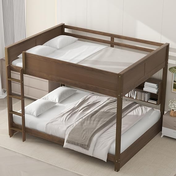 Merax Queen Over Queen Bunk Bed With Storage Shelves and USB Ports, Antique Wood