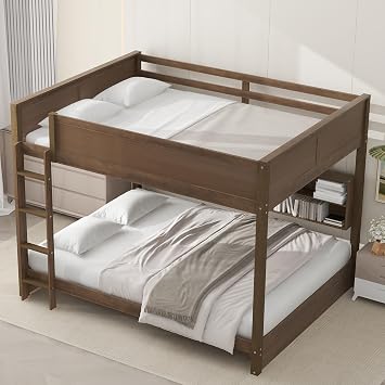 Merax Queen Over Queen Bunk Bed With Storage Shelves and USB Ports, Antique Wood