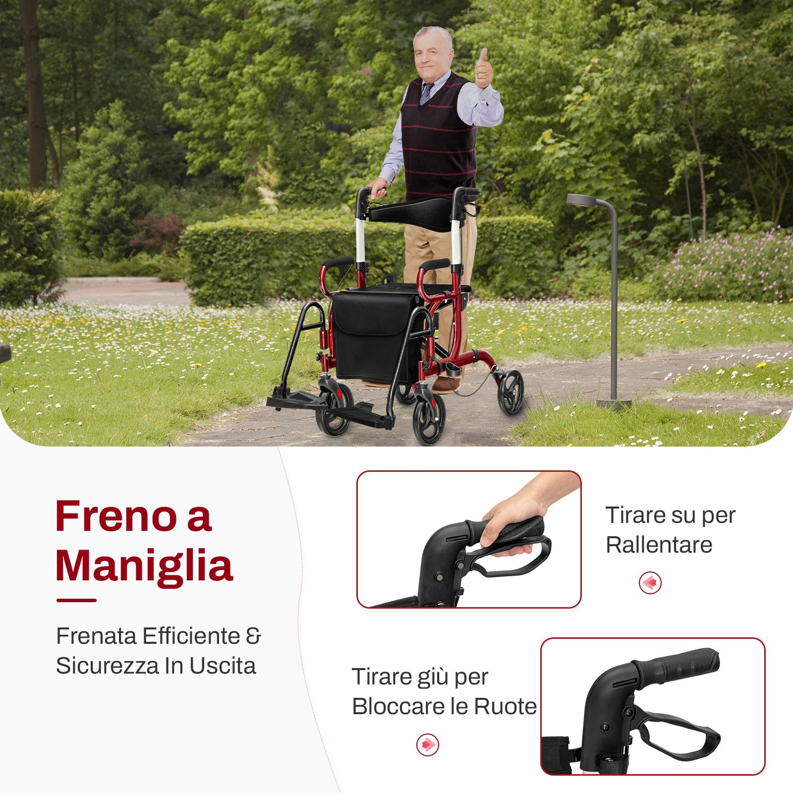 COSTWAY Deambulatore 2 in 1 per Anziani in Alluminio, Rollator Pieghevole e Regolabile in Altezza con Sedia, Schienale Reversibile, Manici Regolabili, Ruote, Poggiapiedi e Borsa Rimovibile (Rosso)