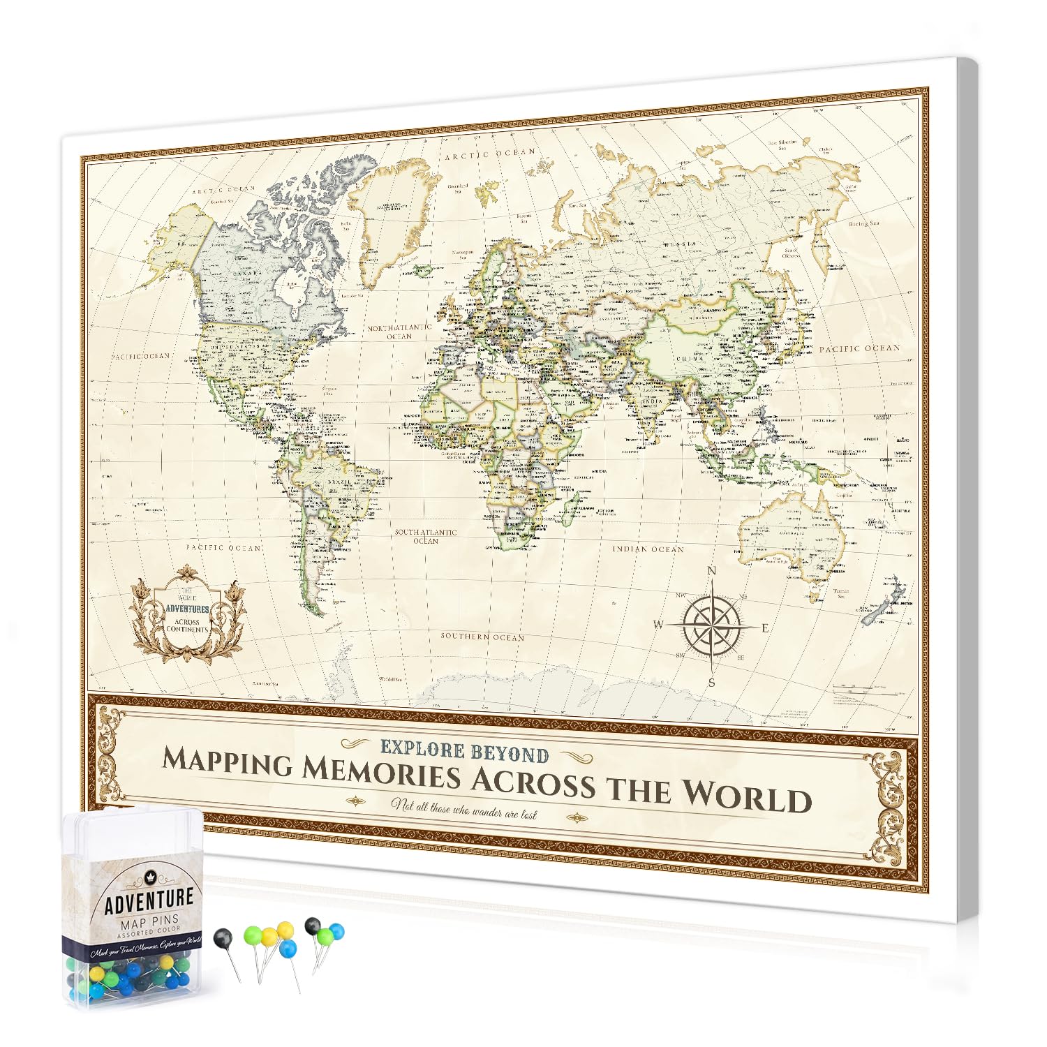 DECORARTS World Map Pin Board,Colorful World Travel Map with Pins,20x16''