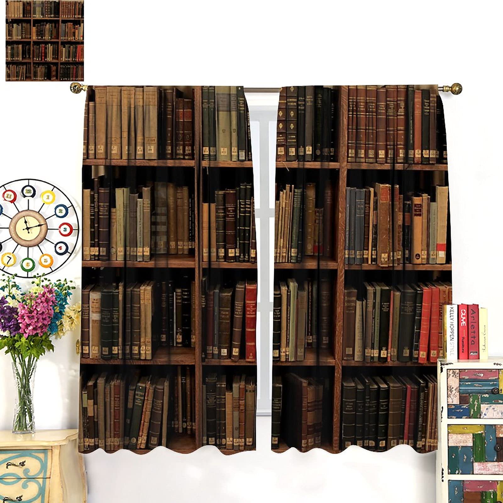 Kids Room Darkening Curtains, Library Bookshelf Vintage Readable Books Thermal Insulated Privacy Protection Rod Pocket Window Curtain for Bedroom, W85xL85 Inch
