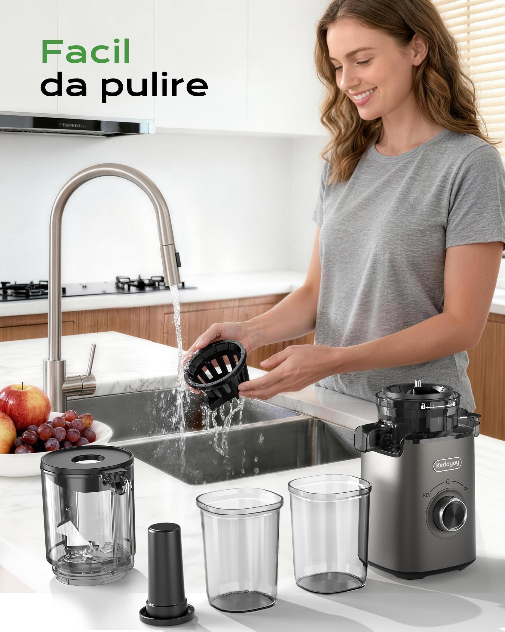 Estrattore di succo per verdure e frutta, 130 mm XL | 1,8L Slow Juicer, 600 ml contenitore, per famiglie, senza BPA, facile da pulire, grigio