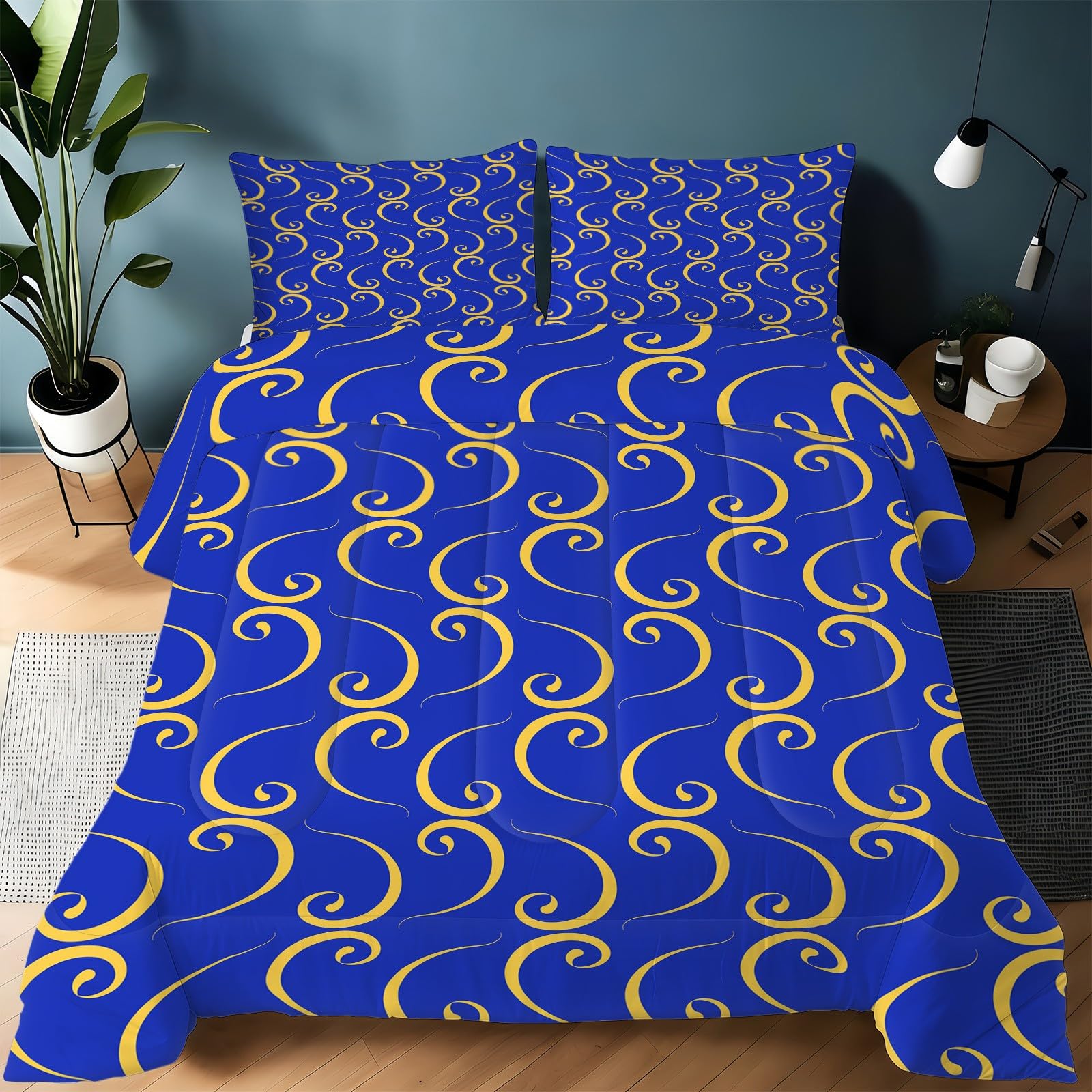 Couette 200x200 lavable bleu foncé avec 2 taies d'oreiller en microfibre imprimé volute