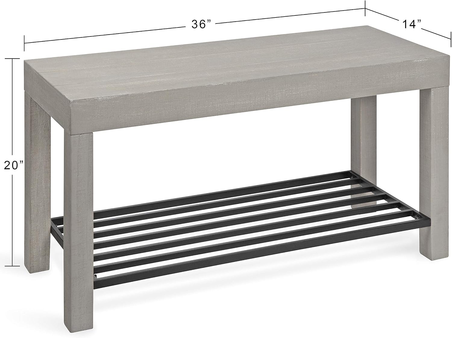 Kate and Laurel Jeran Rustic Farmhouse Bench with Iron Shoe Shelf, 36" x 14" x 20", Gray, Chic Entry Bench for Decor or Storage