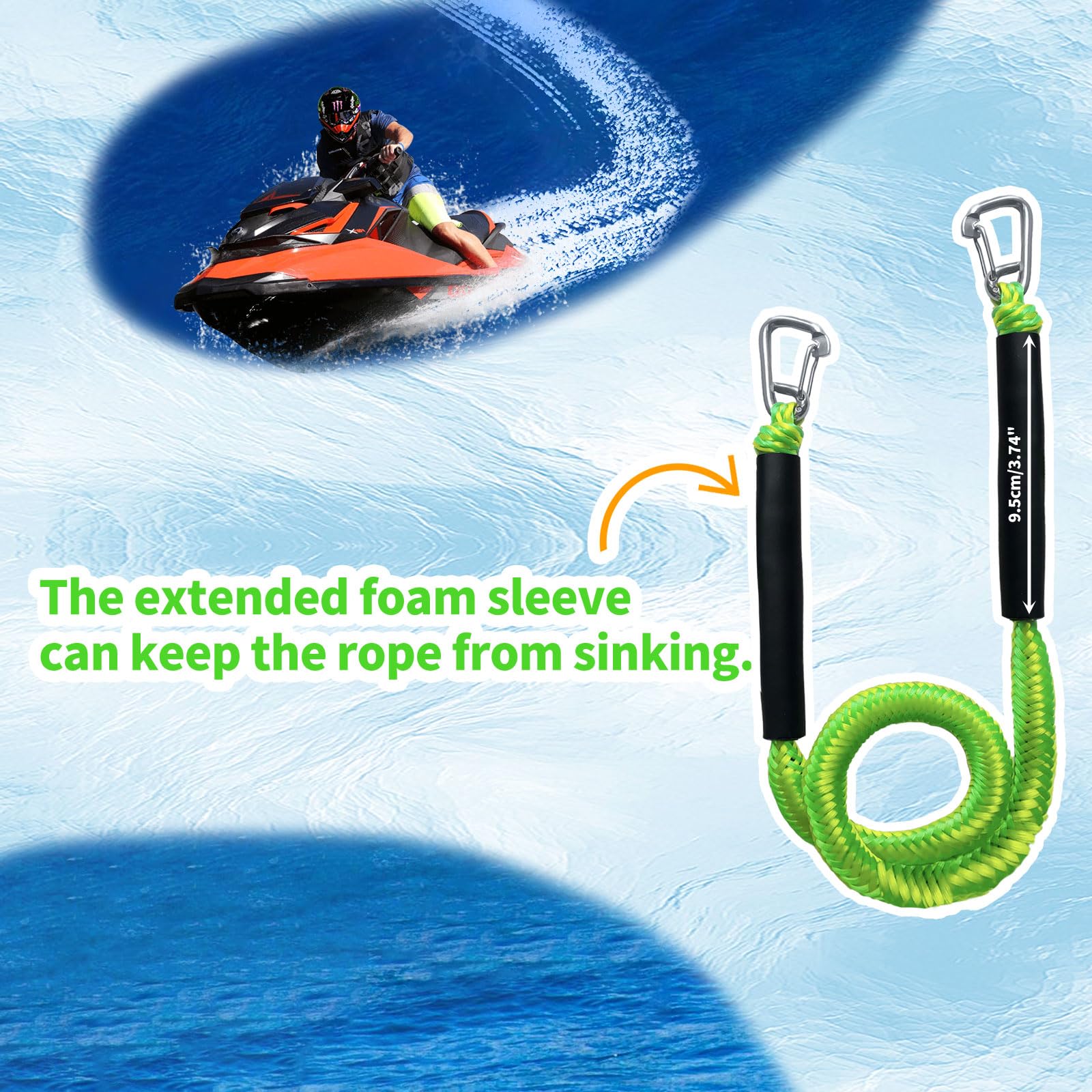 Set di 2 corde elastiche verdi e gialle con doppi ganci e tubi galleggianti, ad alta visibilità, per moto d'acqua, pontone, kayak, da 1,2 m a 1,7 m, acciaio inossidabile 316, ammortizzanti