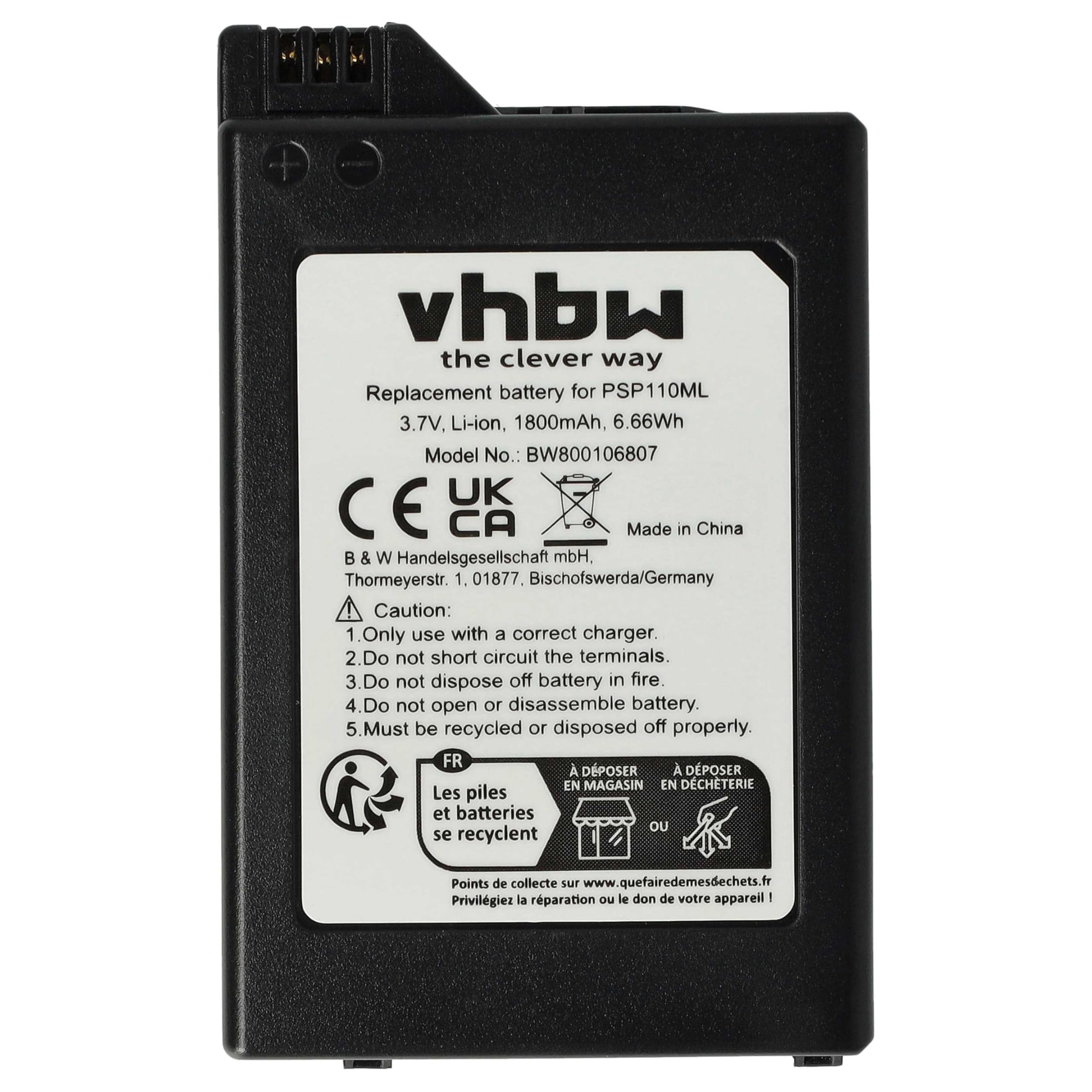 vhbw Batería Compatible con PlayStation Portable PSP-1000, PSP-1000K-CW, PSP-1001, PSP-1004, PSP-1006, PSP-1010 - Reemplaza PSP-110, PSP-280G (1800 mAh)