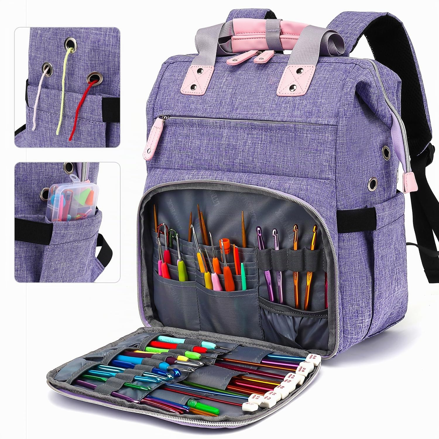 LTINVECK Mochila de ganchillo, bolsa de tejer, organizador de almacenamiento de hilo, bolsa de viaje de ganchillo con puerto de carga USB, bolsa grande de hilo