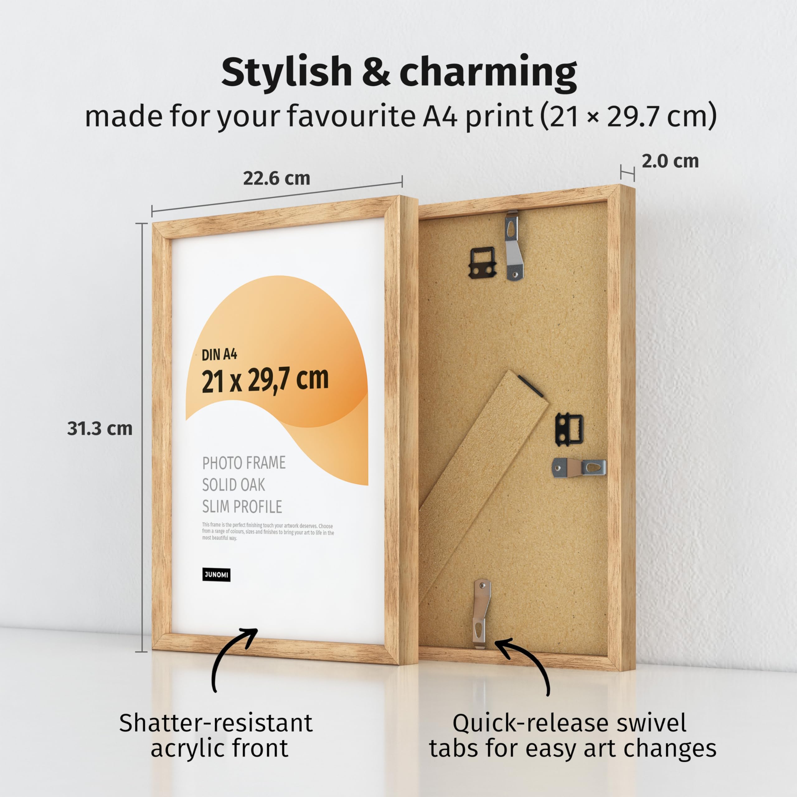 JUNOMI Premium Oak Picture Frame A4 (21 x 29.7 cm) - Real Oak Wood Frame with Shatterproof Acrylic Front, 21x29.7 cm / 1x - Image 3