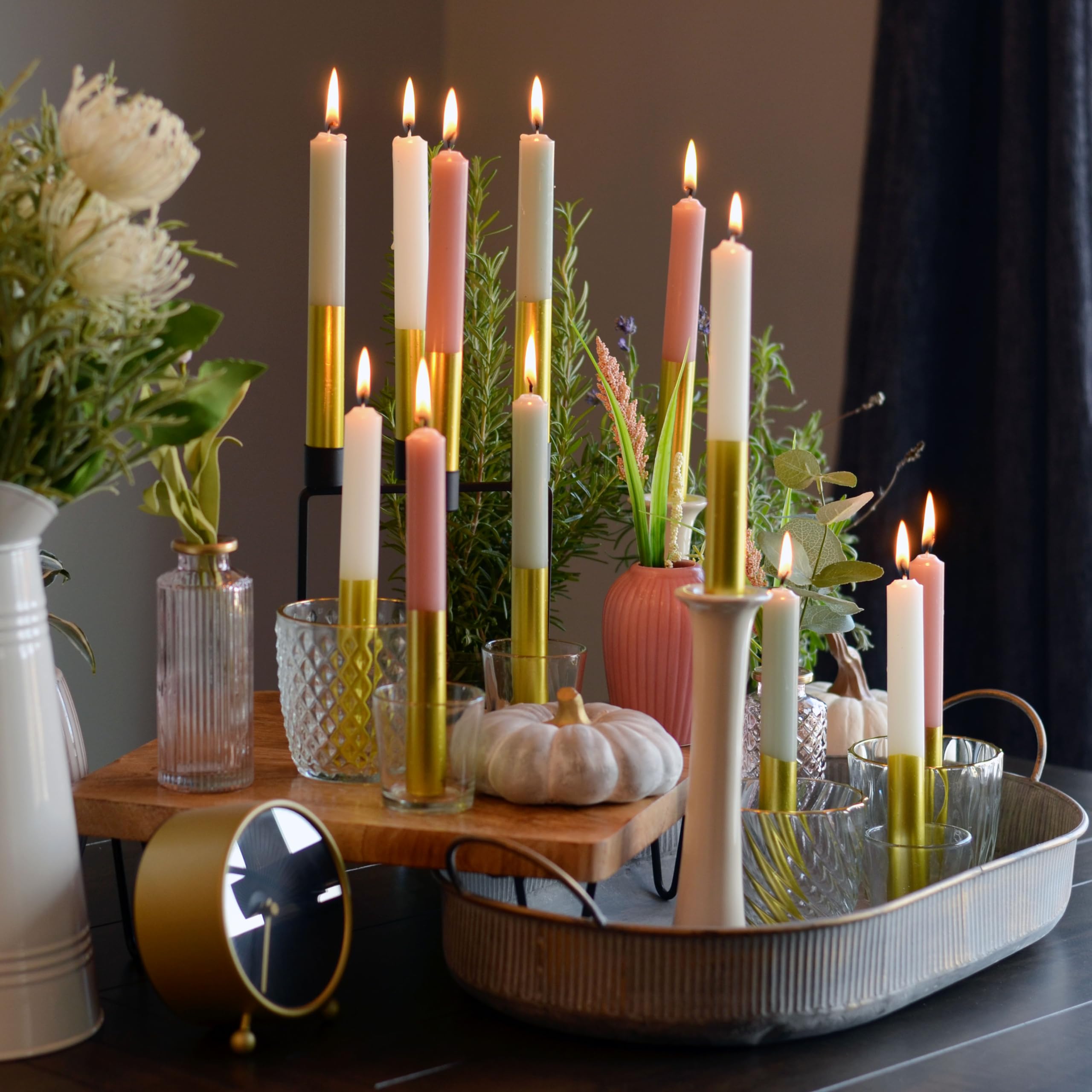 12 Piece Gold Dipped Taper Candles, 3 Boxed Sets of 4, Hand Dipped, Dripless, 7 Hours Burn Time, Paraffin Wax,