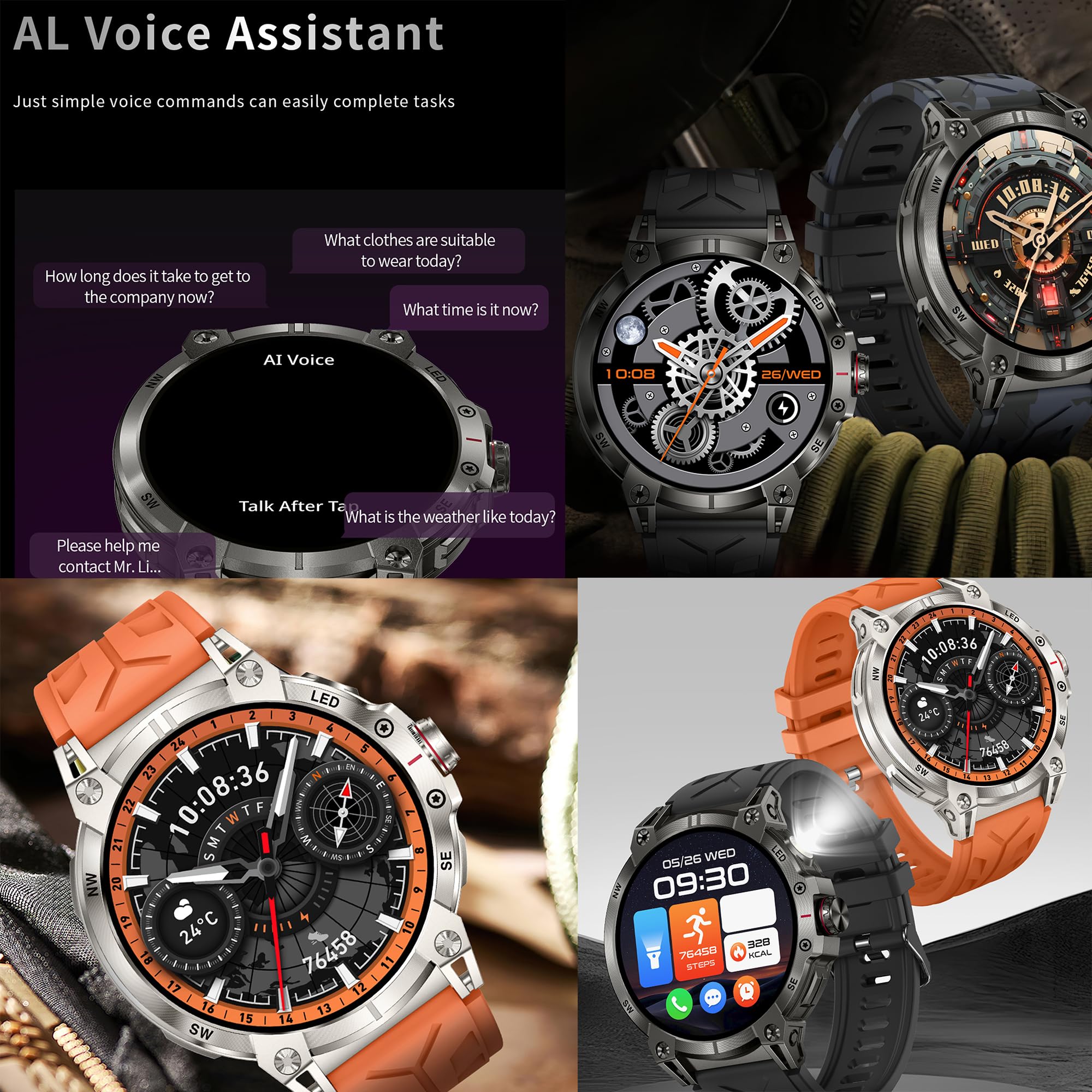 AMOLED Męski smartwatch 1,85" z połączeniem Bluetooth 5,2, kompatybilny z Samsung Huawei, Xiaomi, Android, iOS, krokomierz, GPS, 123, sportowy, miernik tętna (srebrny)