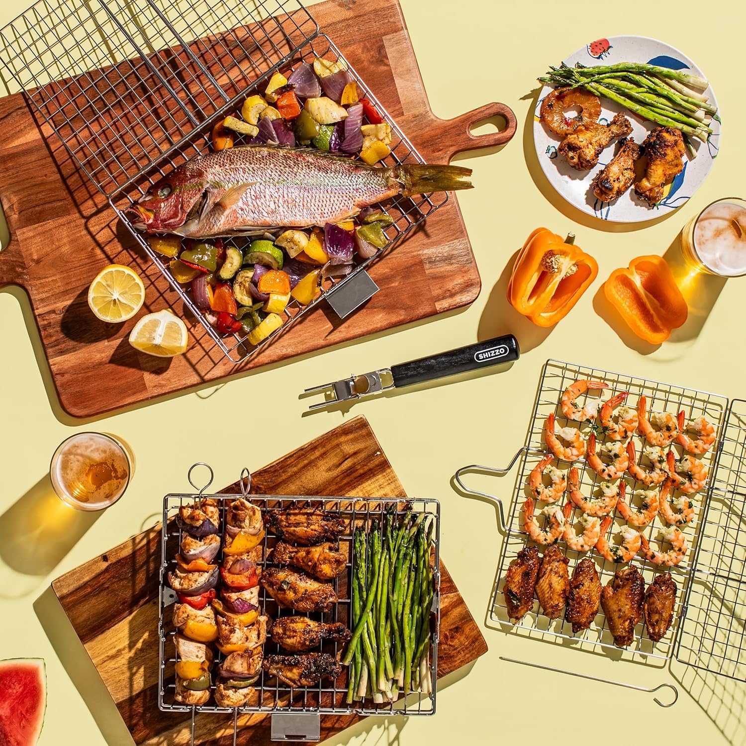 SHIZZO Grillkorb, Barbecue-Bbq-Grillkorb, Große Faltbare Grillkörbe Aus Edelstahl Mit Griff, Tragbarer Outdoor-Camping-Grillrost Für Fisch, Garnelen, Gemüse