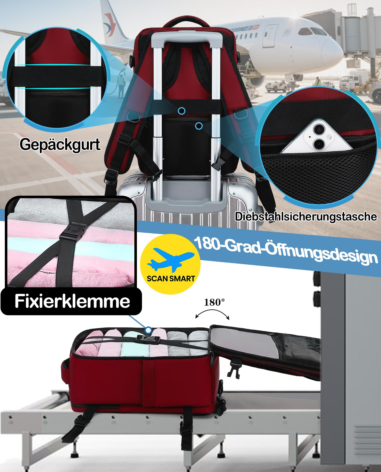 Handgepäck Rucksack 40x20x25 Klein für Ryanair,Travel Rucksack Bag Reiserucksack für Flugzeug Mit 14 Zoll Laptop, Eurowings für Damen Herren Dunkelrot