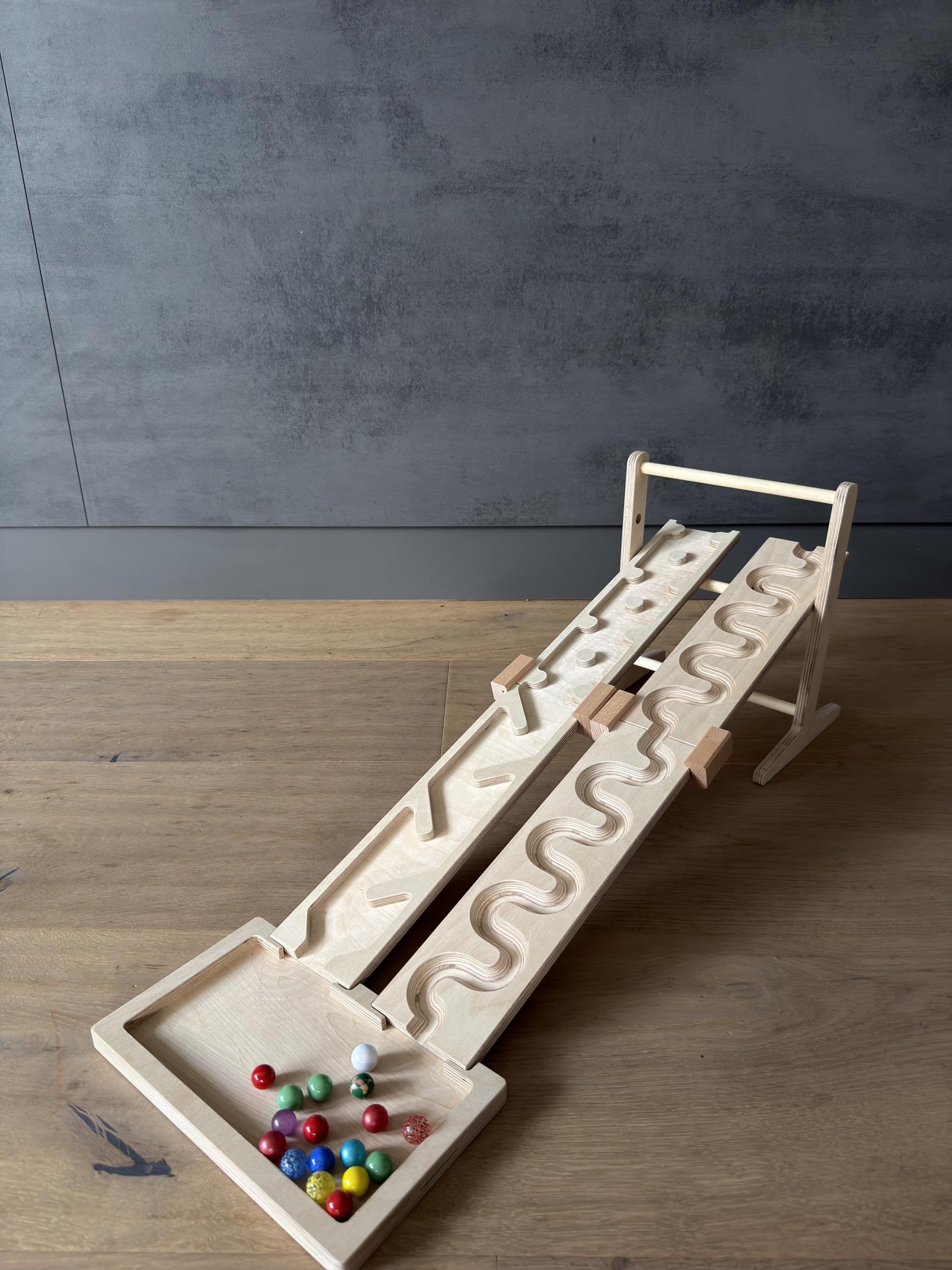 Murmelbahn-Set 2er Kombi, Schlängelplatten, Hinternissplatten, Wettrennen Turm, Auffangschale Kugelbahn Holzspielzeug