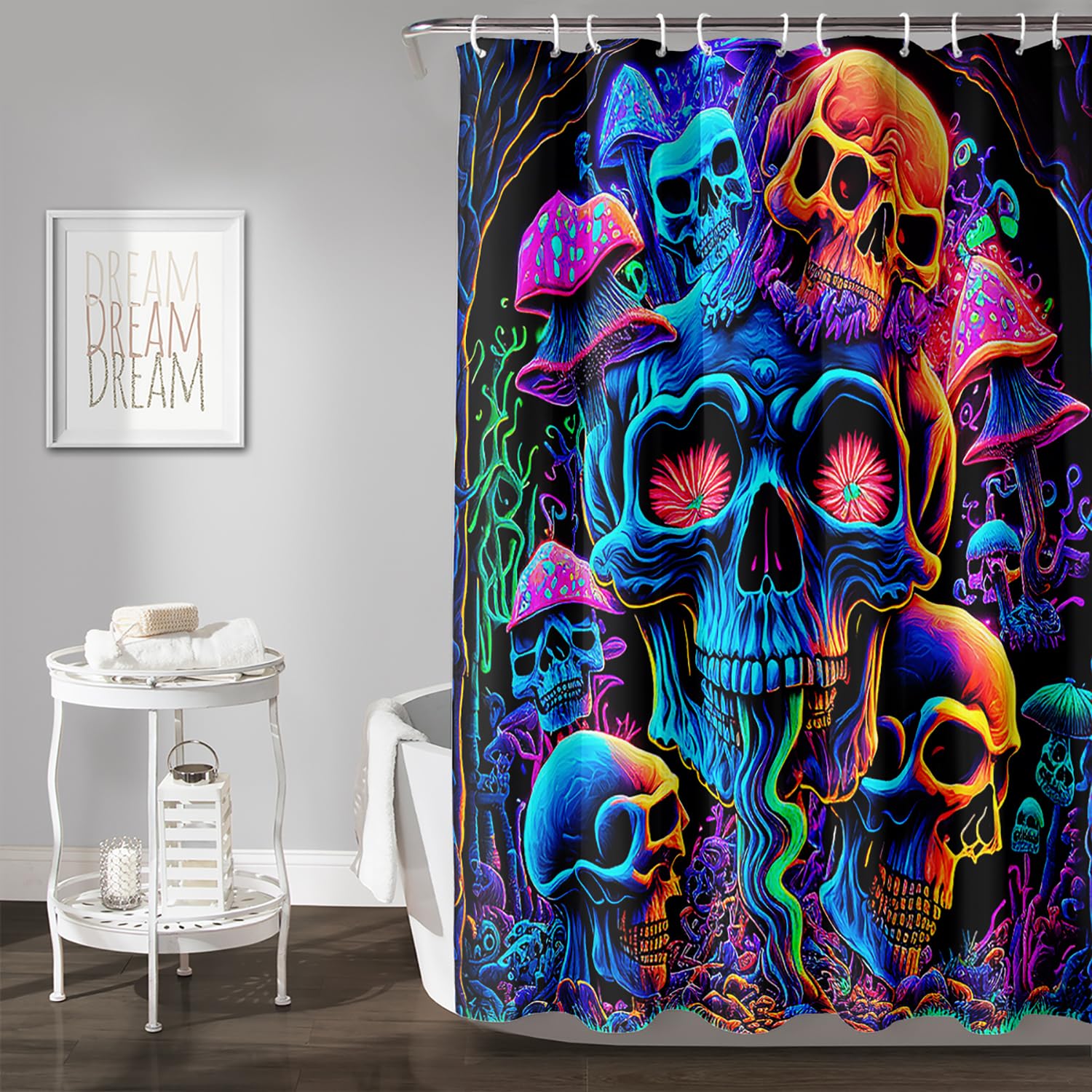 AILONEN Mushroom Skull Shower Curtain for Bathroom,Purple Mushroom Skull Bath Curtain,Fantasy Fairy Skull Skeleton Decoration Bathroom Waterproof Shower Curtain with 12 Plastic Hooks, 72
