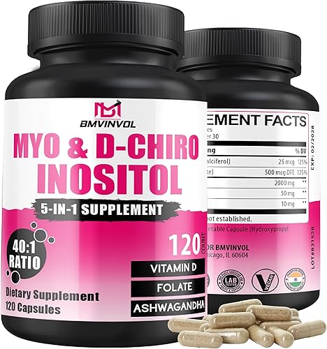 BMVINVOL Cápsulas de 2,050 mg de mio-inositol y D-Chiro inositol con folato, vitamina D, equilibrio hormonal y apoyo ovárico para mujeres,