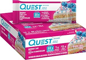 Quest Nutrition Birthday Cake Protein Bar, High Protein, High Fibre, Low Sugar, Keto Friendly, 20g Protein, 1g Sugar, 12ct