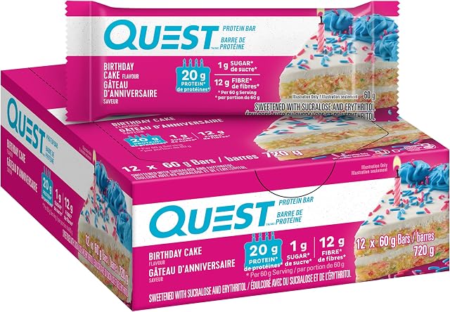 Quest Nutrition Barre de protéines de gâteau d'anniversaire, haute protéine, haute fibre, faible sucre, 20g Protéines, 1g Sucre, 12ct