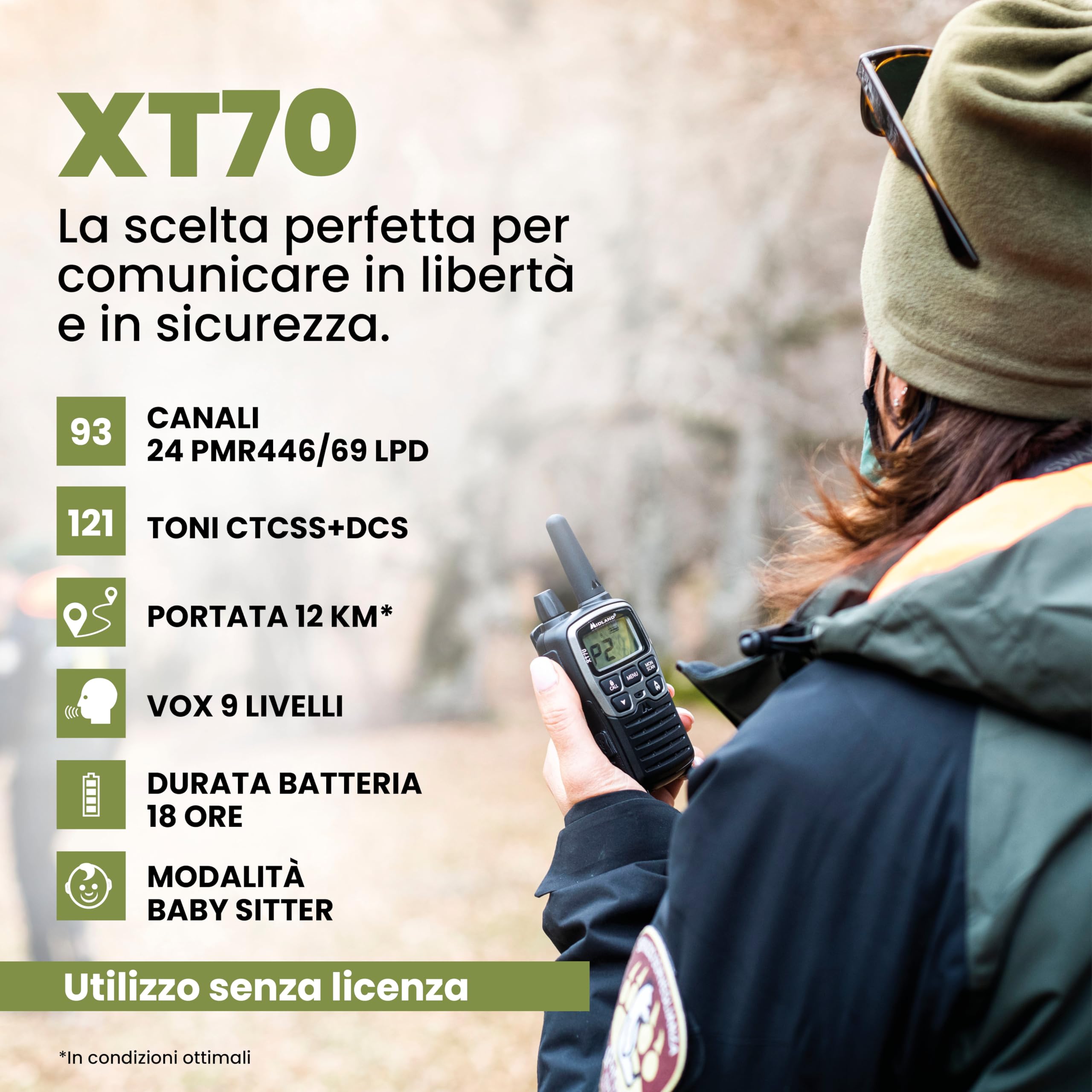 Midland - Walkie Talkie XT70, 2 Ricetrasmittenti Professionali Dual Band 93 Canali - 69 LPD/24 PMR446 Senza Licenza, Autonomia 18H, Copertura 12Km, Ricarica Rapida e Accessori, 38 toni CTCSS + 83 DCS