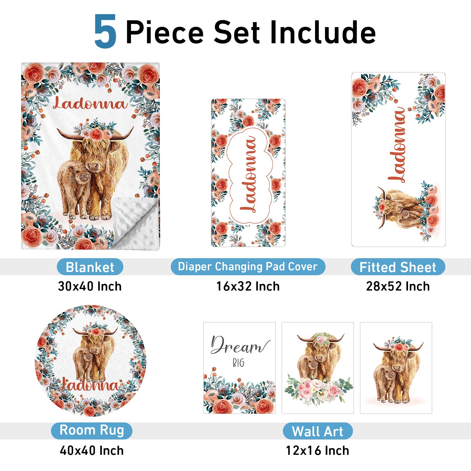 Personalized Baby Crib Bedding Set, Custom Name Blanket with Dotted Backing, 5 Piece Custom Gift Highland Cow Crib Bed Set for Baby Infant Shower Birthday, Floral Crib Bedding Gifts Style08