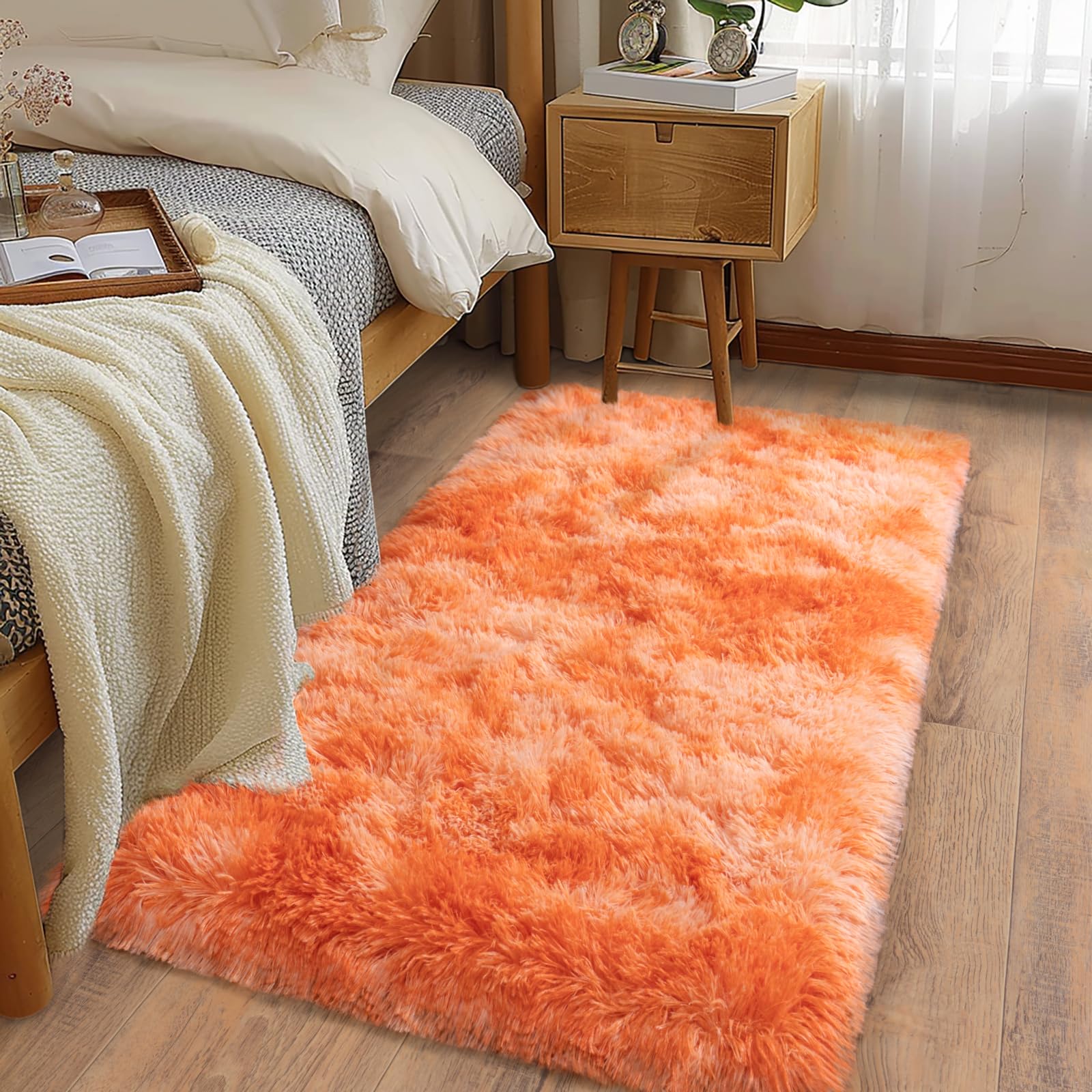 Ailyei Soft Runner Rugs for Bedroom Hallways, 2x4 Tie-Dyed Orange Fluffy Shag Throw Area Rug Non Slip for Bedside Dorm, Long Shaggy Furry Carpet for