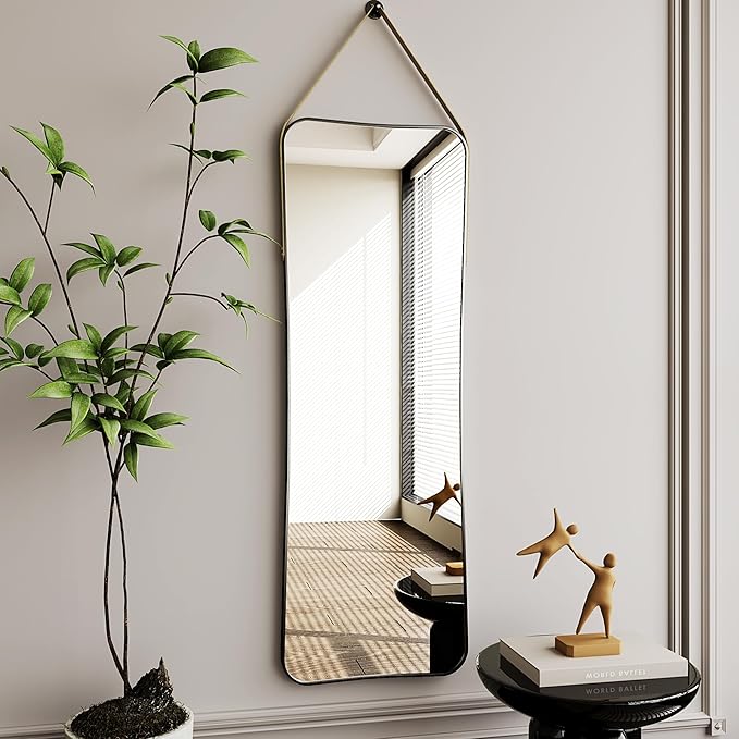 Protylctaster Full Length Wall Mirror,48"x16"Hanging Full Length Mirror,Mirror Full Length,Wall-Mounted Mirror with Leather Strap Living Room (Black)