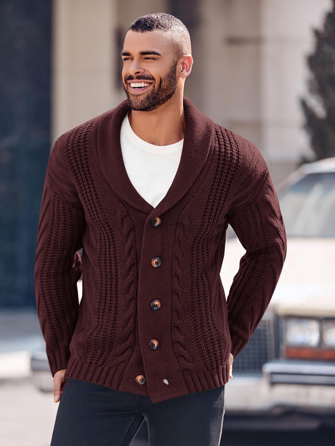 Mens Shawl Collar Cardigan Sweater Cable Knit Button Chunky Long Sleeve Winter Fisherman Casual Cardigans - Image 3