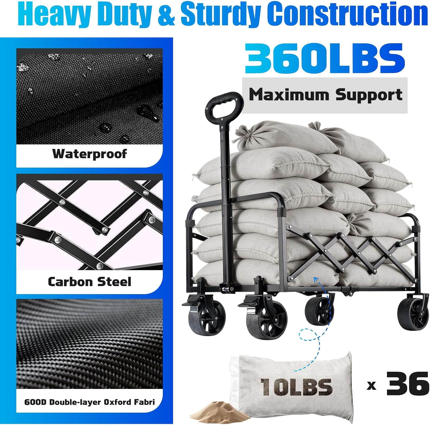 Collapsible Wagon Cart Foldable with Wheels - 360LBS Large Heavy Duty Folding Utility Wagon with All-Terrain Wheels & Brakes for Shopping Garden Beach Camping, 2 Drink Holders/Lightweight/Black