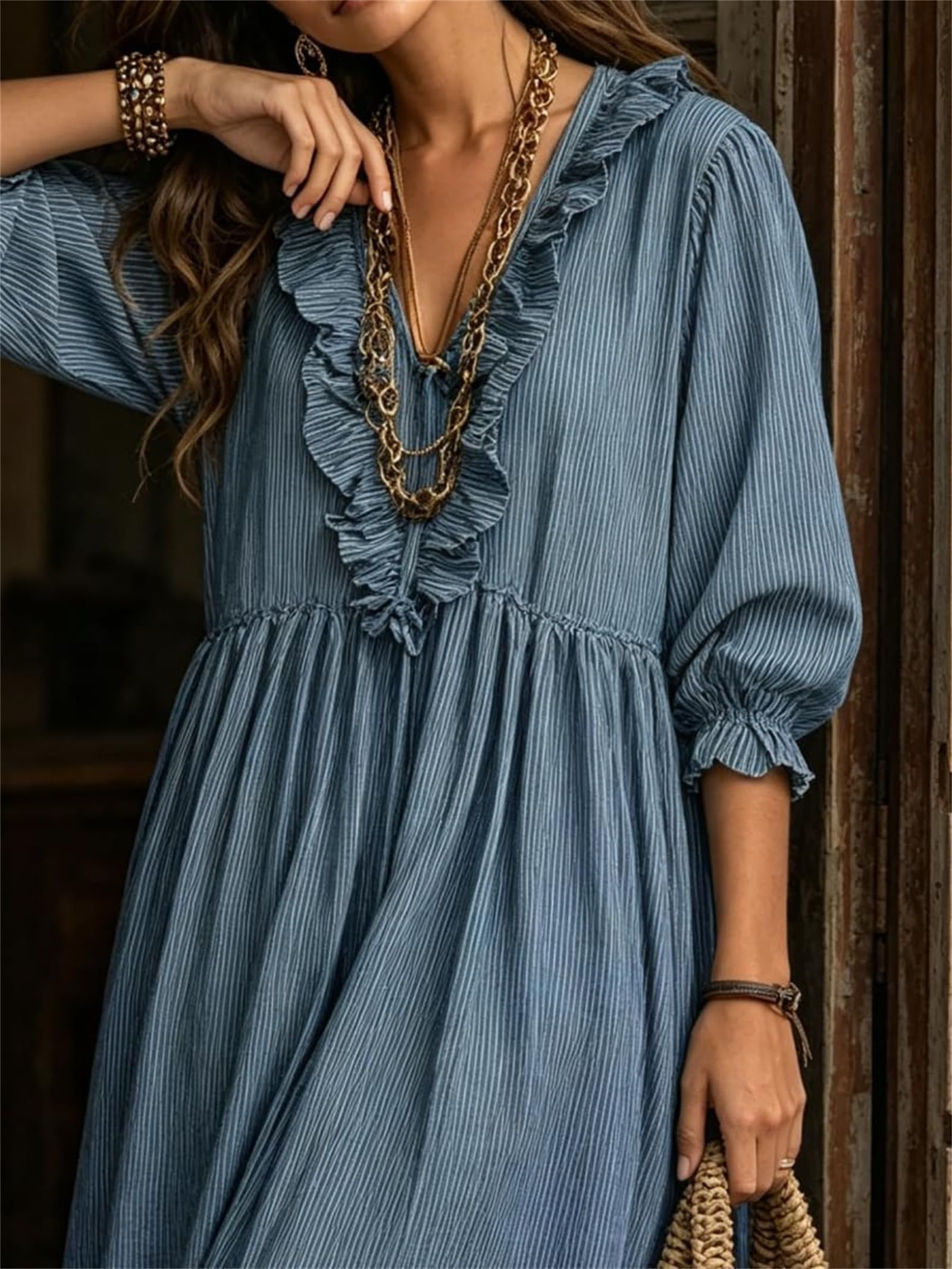 Maxi Abito da Donna Ampio e Fluido, a Righe con Stampa Artistica, Scollo a V, Maniche a Sbuffo con Ruches – Maxi Abito Casual ed Elegante a Righe con Ruches