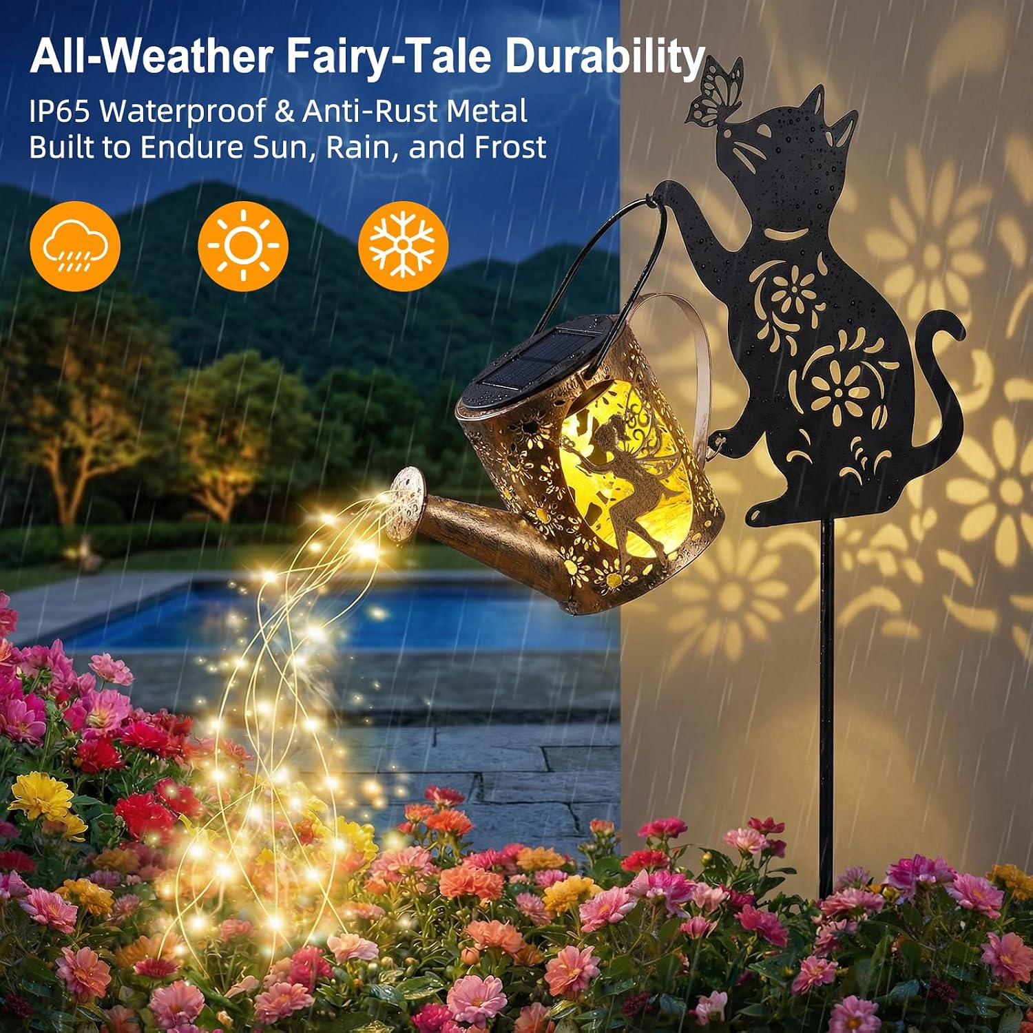 Solar Watering Can Lights with Fairy & Flowers, Outdoor Garden Decor with Cascading String Lights, Waterproof Solar Powered Hanging Lantern for Patio Yard Pathway, Gift for Mom Cat Lovers Gardeners