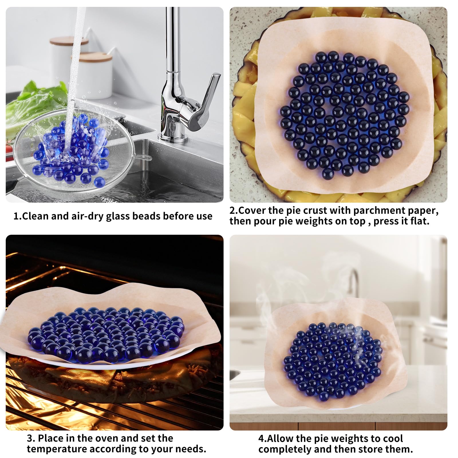2LB Glass Pie Weights For Blind Baking Pie Crust Weights Baking Beans Non-porous Dust-free Humidity-proof & mold-free Reusable Beads Fit Pie Weight for 6-10 inch Pies