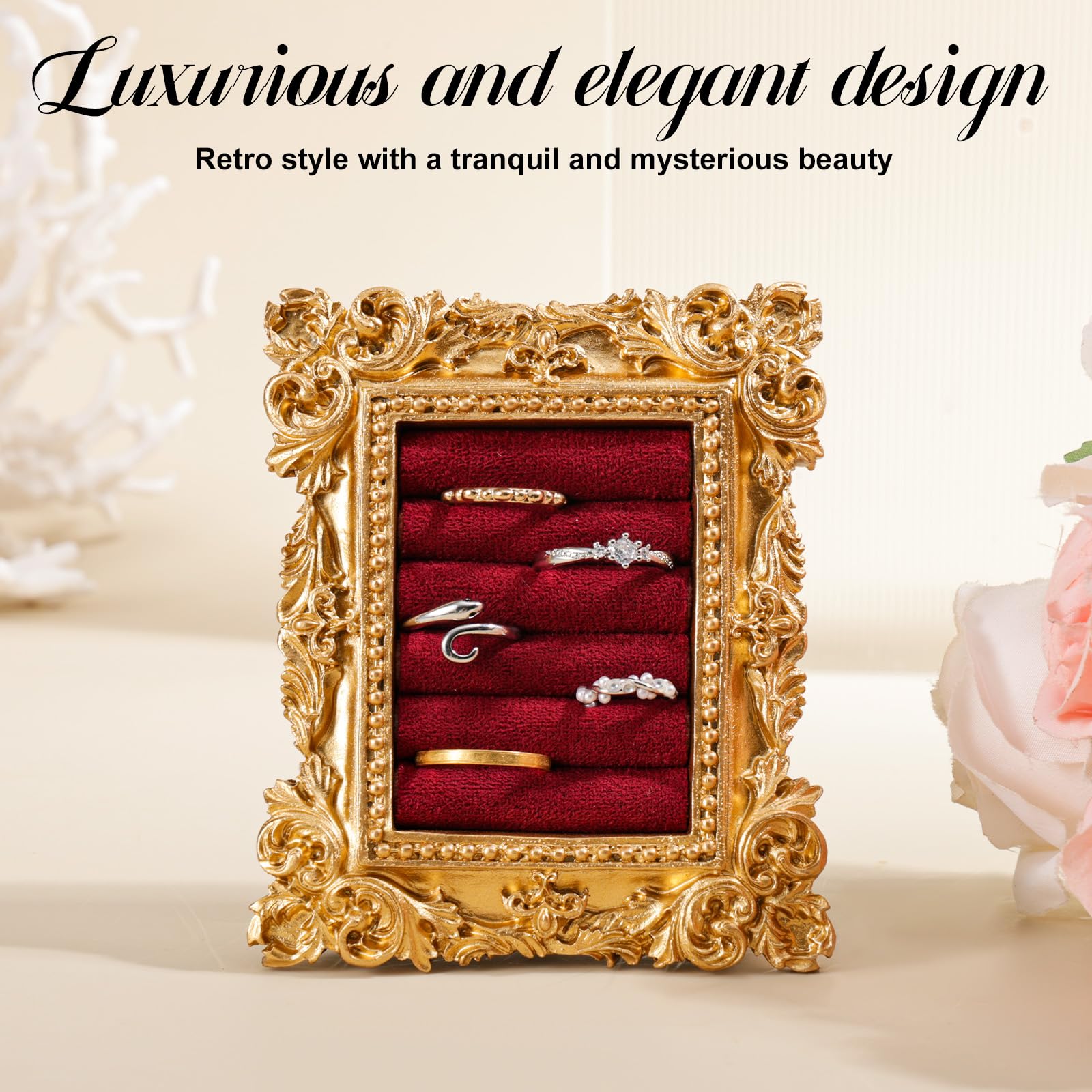 Mikovivi Vintage Ring Display Stand, Baroque Ring Holder Earring Display Tray Jewelry Organizer Birthday Engagement Wedding Decoration for Women (): Wine Red
