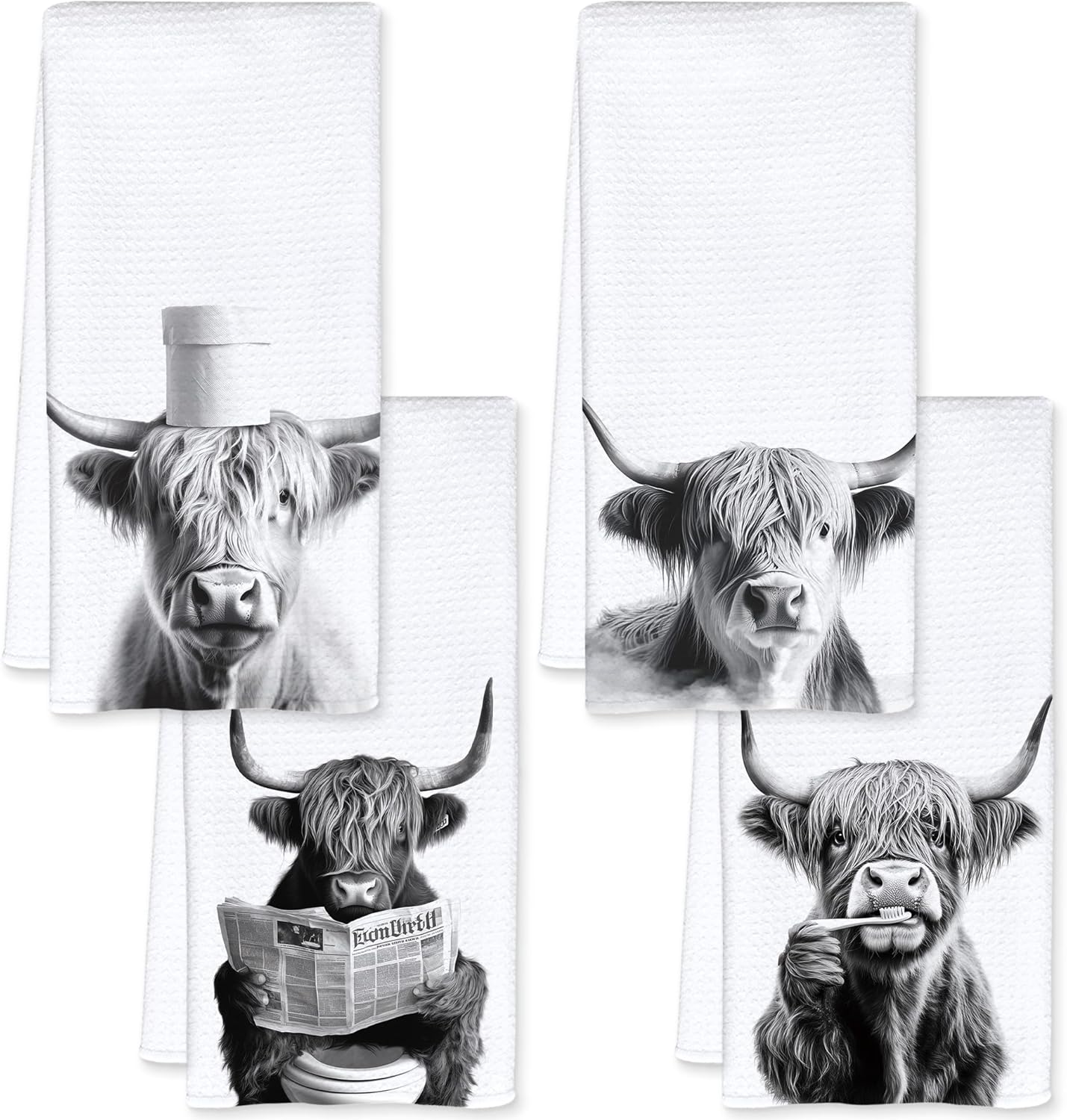 Highland Cow Bathroom Decor Hand Towels, Highland Cow Gifts for Women, Black and White Farm Animal Hand Towels for Bathroom Washroom Restroom Decor, 16x24 Inch, Set of 4