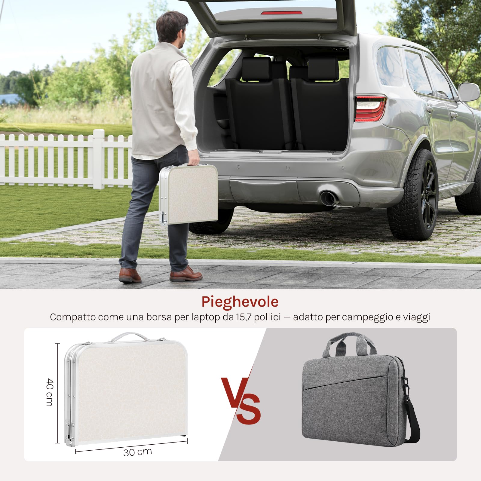 WOLTU Tavolino Pieghevole Regolabile in Altezza 25/36/50/60 cm, Tavolo da Esterno con Ripiano in Rete Metallica, Piano in MDF 60x40 cm, Telaio in Metallo, per Campeggio, Barbecue, Giardino,Bianco