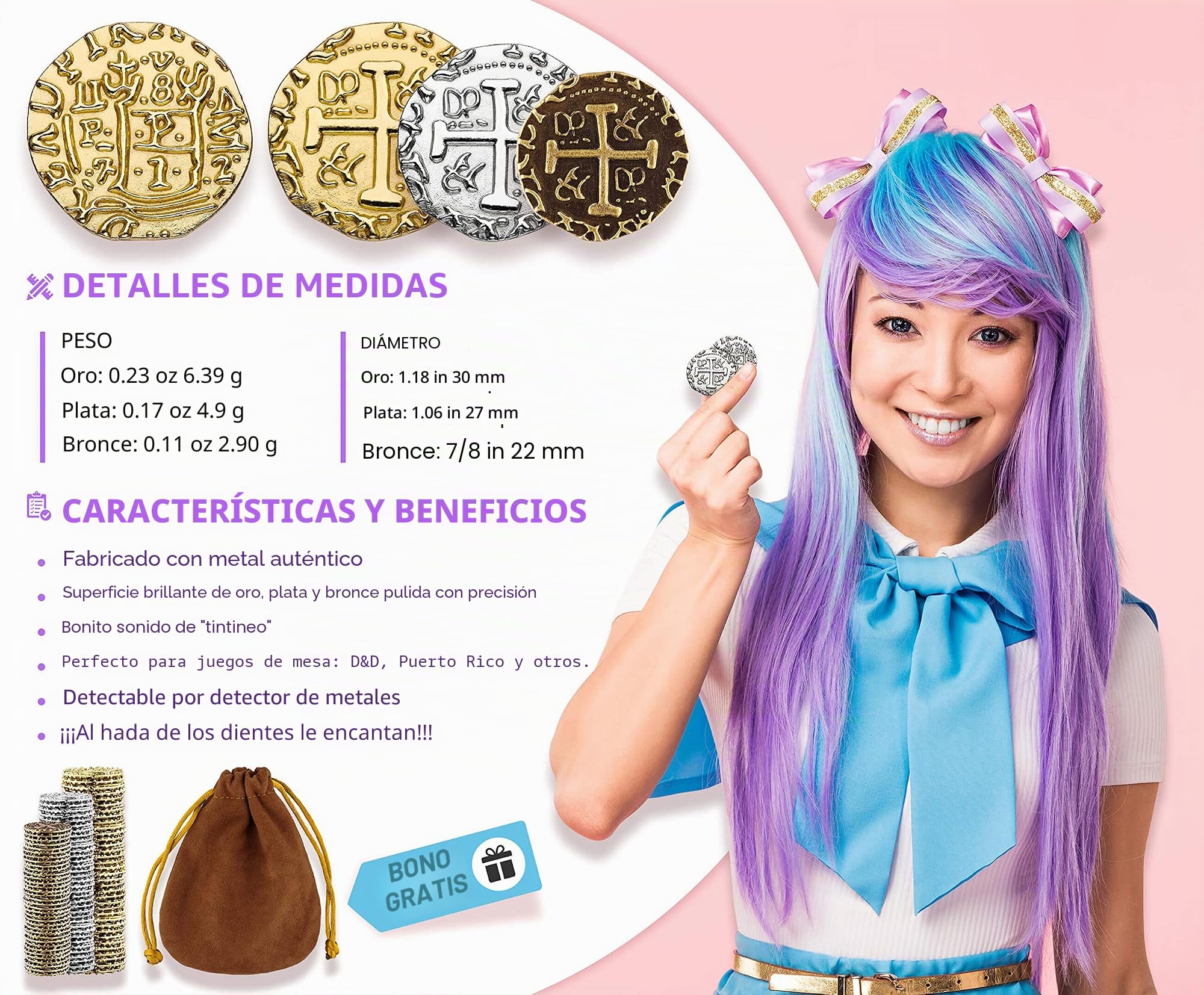 Monedas Piratas de Metal - 36 Monedas De Oro, Plata y Bronce para Juegos De Mesa Adulto, Juegos De Mesa Niños, Cofre del Tesoro, DND, Gloomhaven Dinero Falso - Tamaño Mix