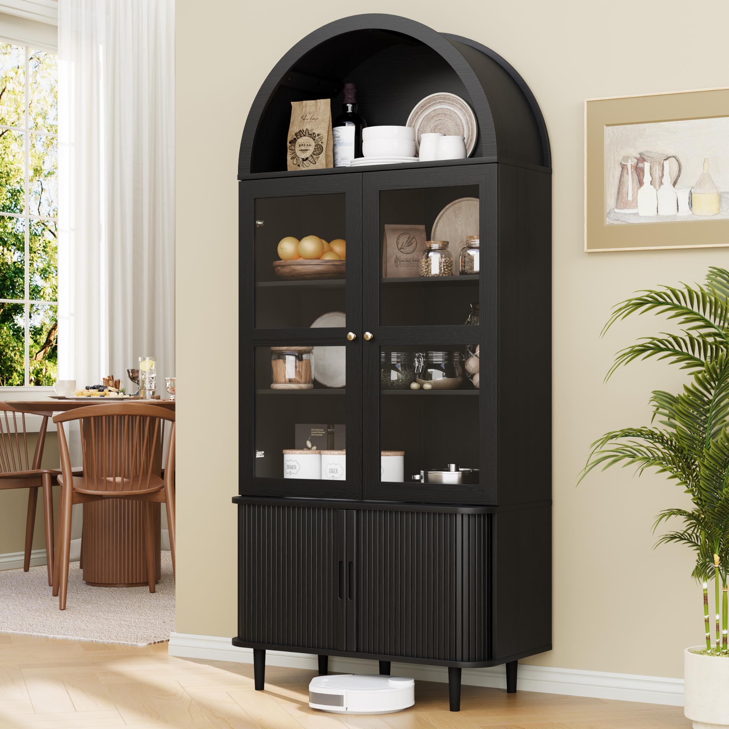 DHH 71" Tall Arched Kitchen Pantry, Modern Farmhouse Wood Kitchens Storage Cabinets with Sliding Doors＆ Adjustable Shelves, Versatile Cupboard for Kitchen, Living Dining Room, Bathroom (Black)