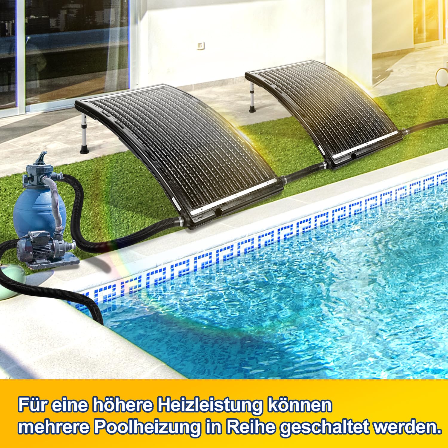 Herrselsam Poolheizung Solar 2 Sets, Solarheizung Pool 113 x 69 x 35 cm, Sonnenkollektor Pool Anschluss Ø 32-40mm, Höhenverstellbar Pool Heizungen Solar für Schwimmbad, Gartendusche