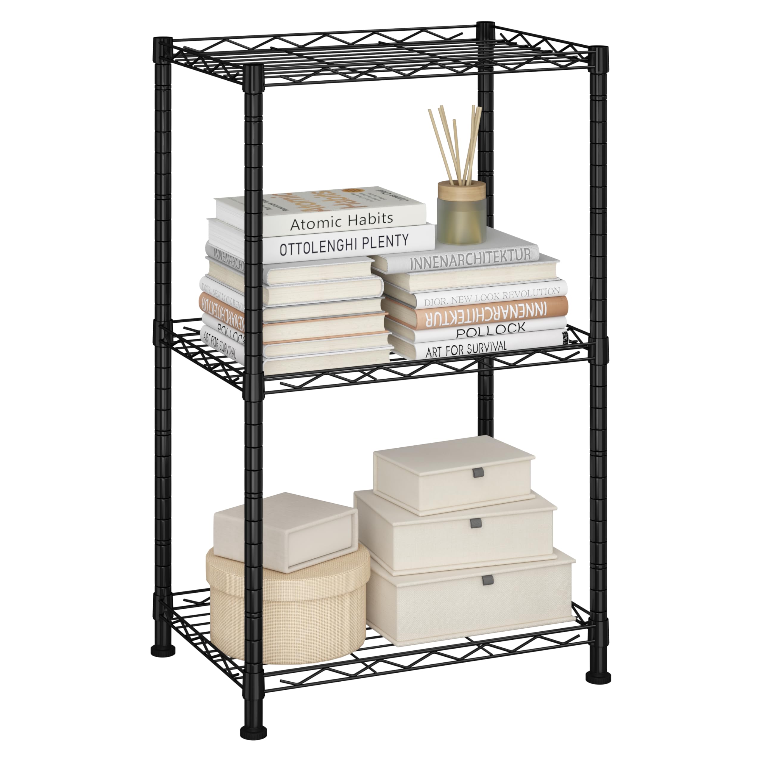 HOME BI Storage Shelves, 3-Wire Shelving, Height Adjustable with Levelling Feet for Kitchen, Pantry, Bathroom, Black, 15.7" W x 11.4" D x 30" H