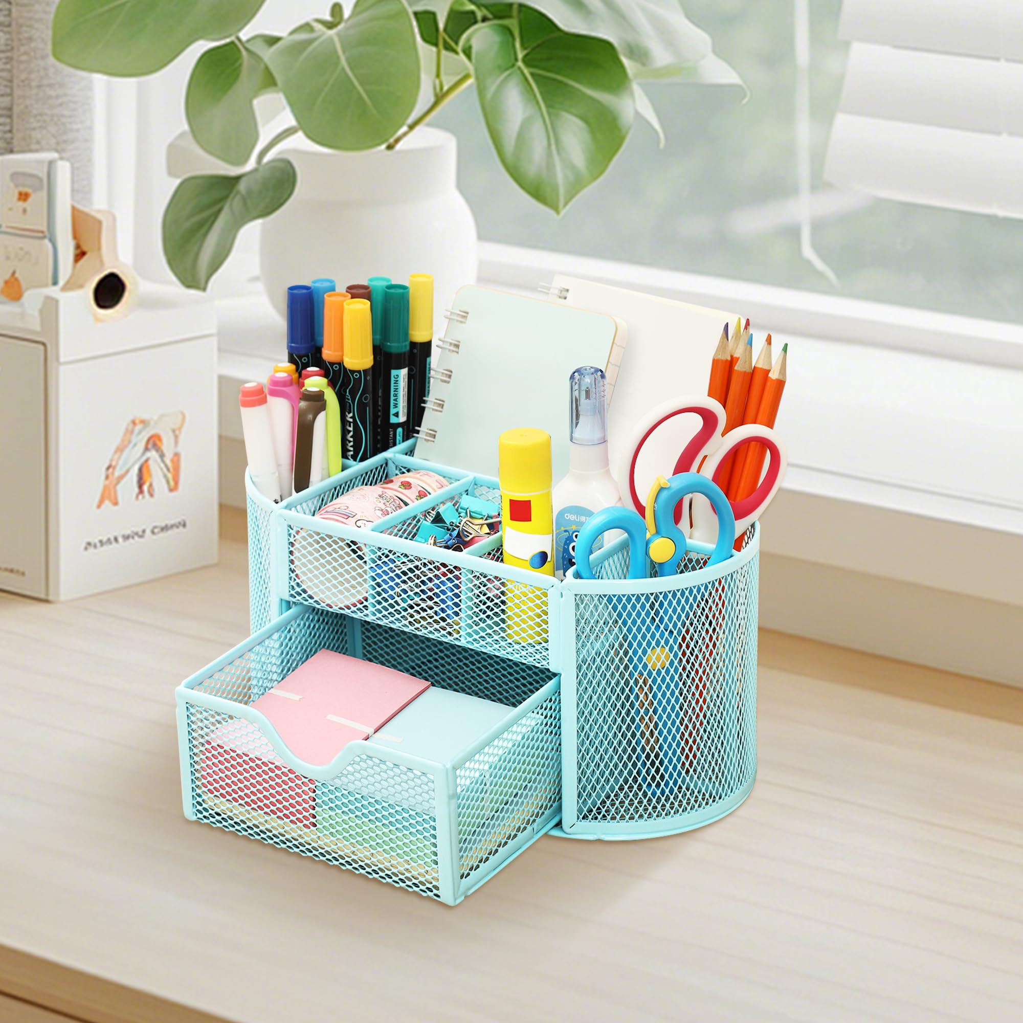 Chumix Organizer Scrivania, Porta Penne per Scrivania, Portapenne da Scrivania in Rete Metallica, Versatile Desk Organizer con Cassetto e Porta Penne, per Casa, Scuola, Uffici (Azzurro)