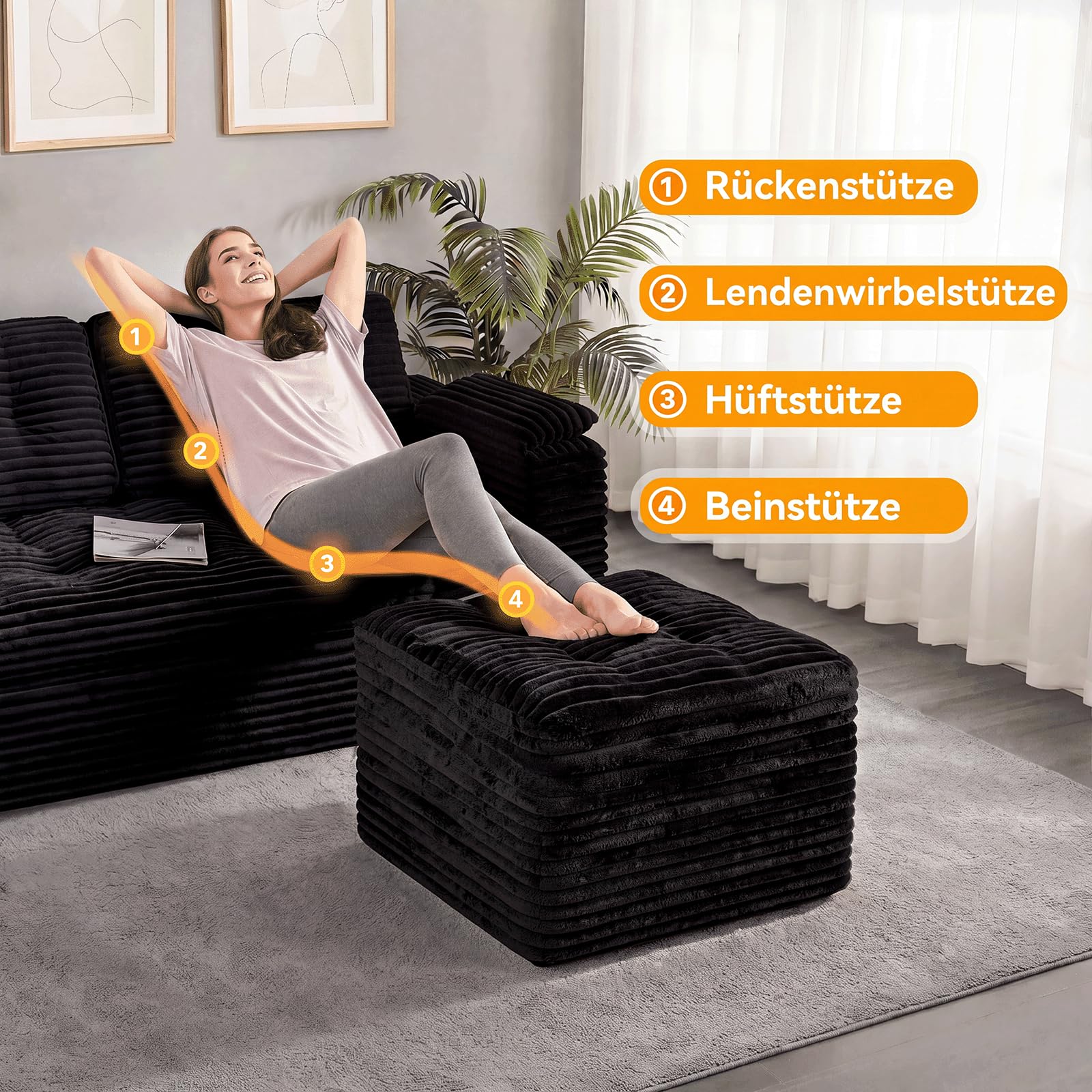 Fabulcozy 3-Sitzer Sofa 210 cm aus Cord mit Fußstütze, Seitentaschen, Armlehnenkissen und 3 Kissen inklusive, Bequeme Polsterung, für Wohnzimmer, Apartment,Schwarz