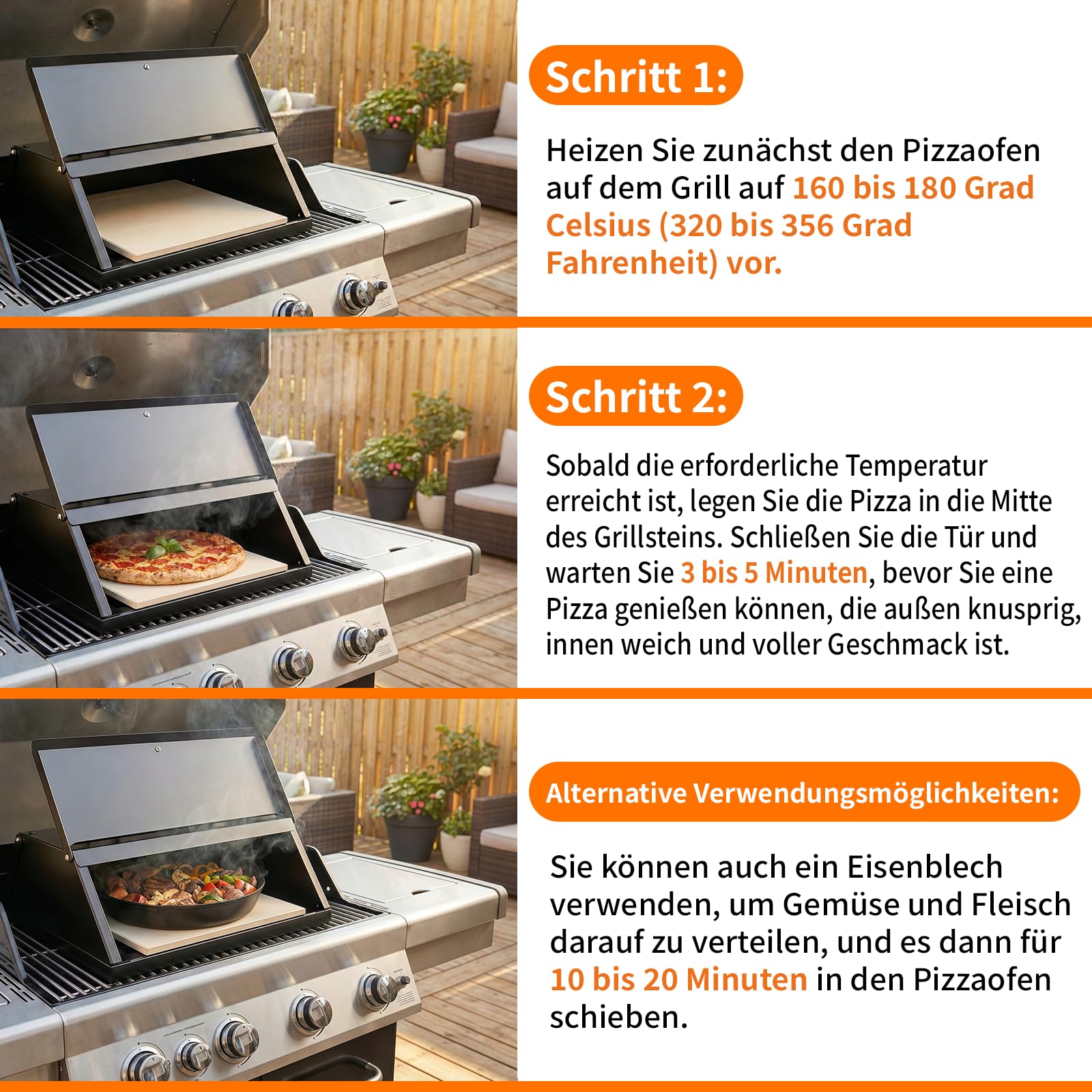 Pizzaofen Stahl Pizzaaufsatz mit Pizzastein BBQ-Pizzaofen Temperaturanzeige 40.3 x 36 x 22 cm