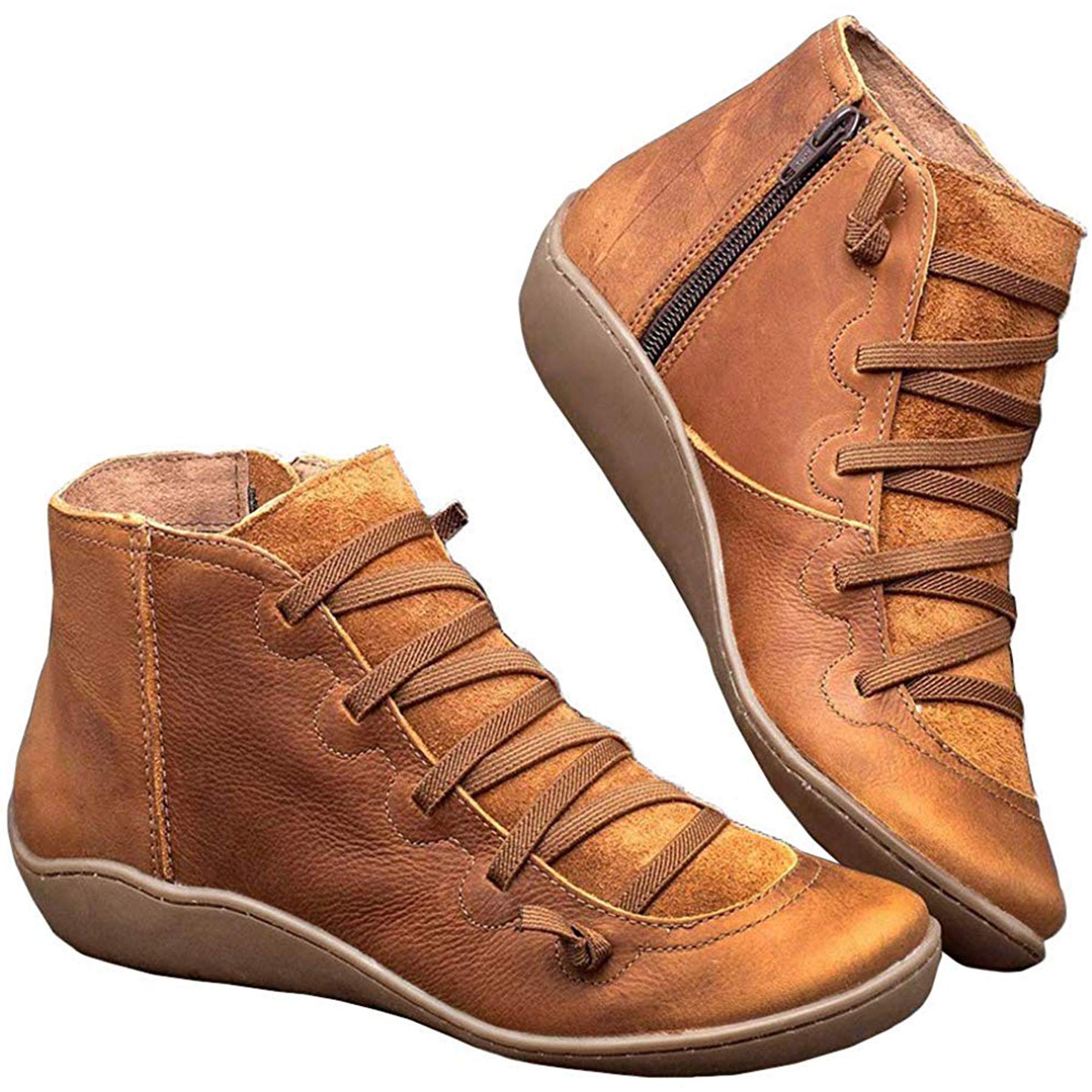 Ru Sweet Women's Arch Support Boots Comfy Lace Up Flat Heel Ankle Booties