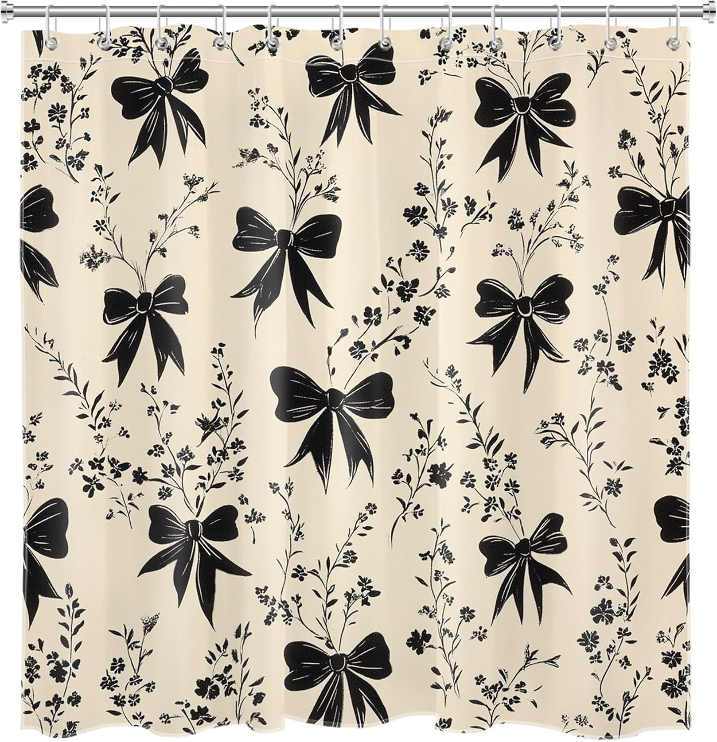 Black Bow Shower Curtain Set Boho Bows and Wildflower Botanical Shower Curtains with 12 Hooks and Memory Foam Bathroom Rugs Retro Beige Washable Bath Curtains Shower Set