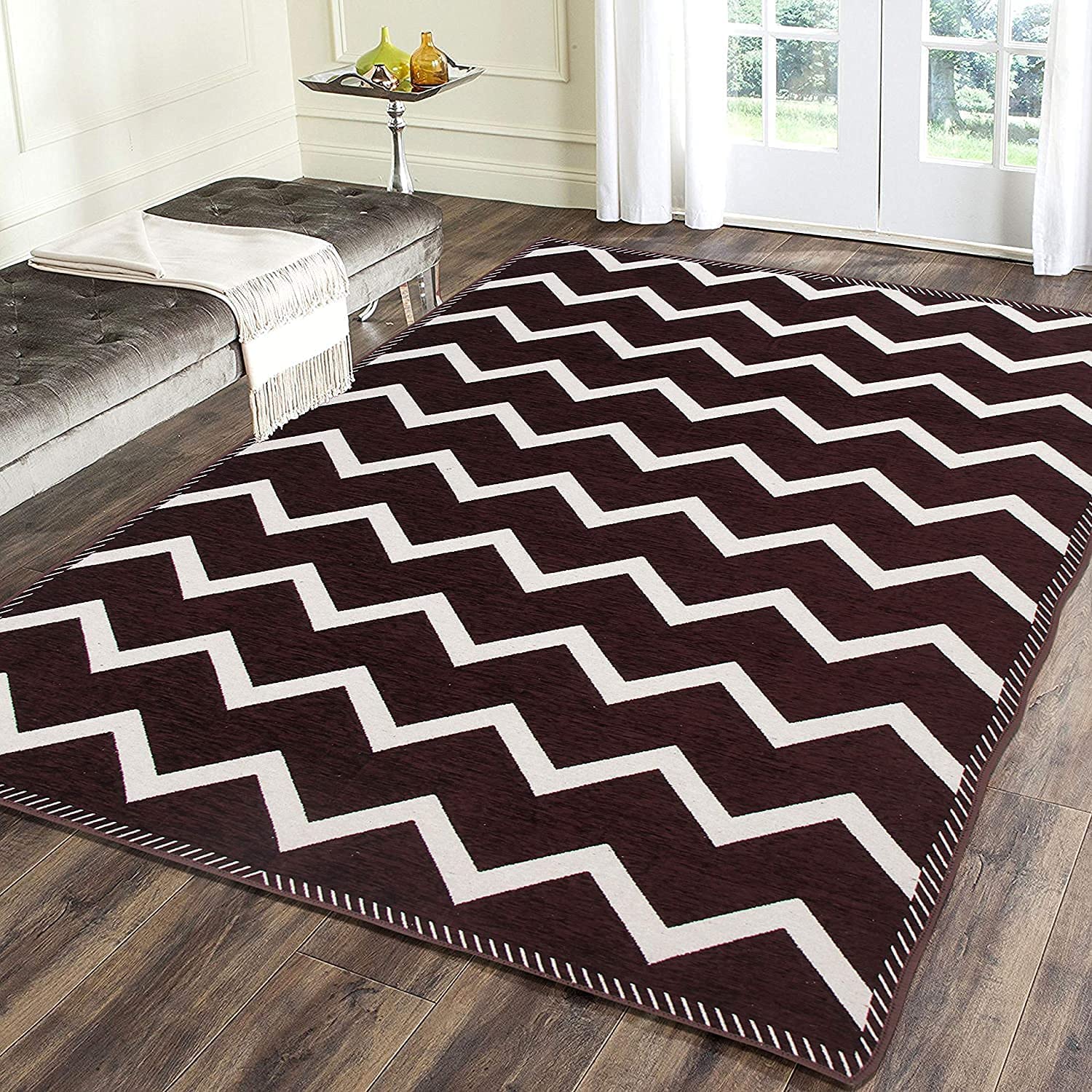 Linen Basics Designer Superfine Exclusive Velvet Chenille Carpet/Area Rug/Bedside Runner, Chenille Living Room Carpet, Durries in Zig Zag Style (Brown, 4.5x6 Feet)