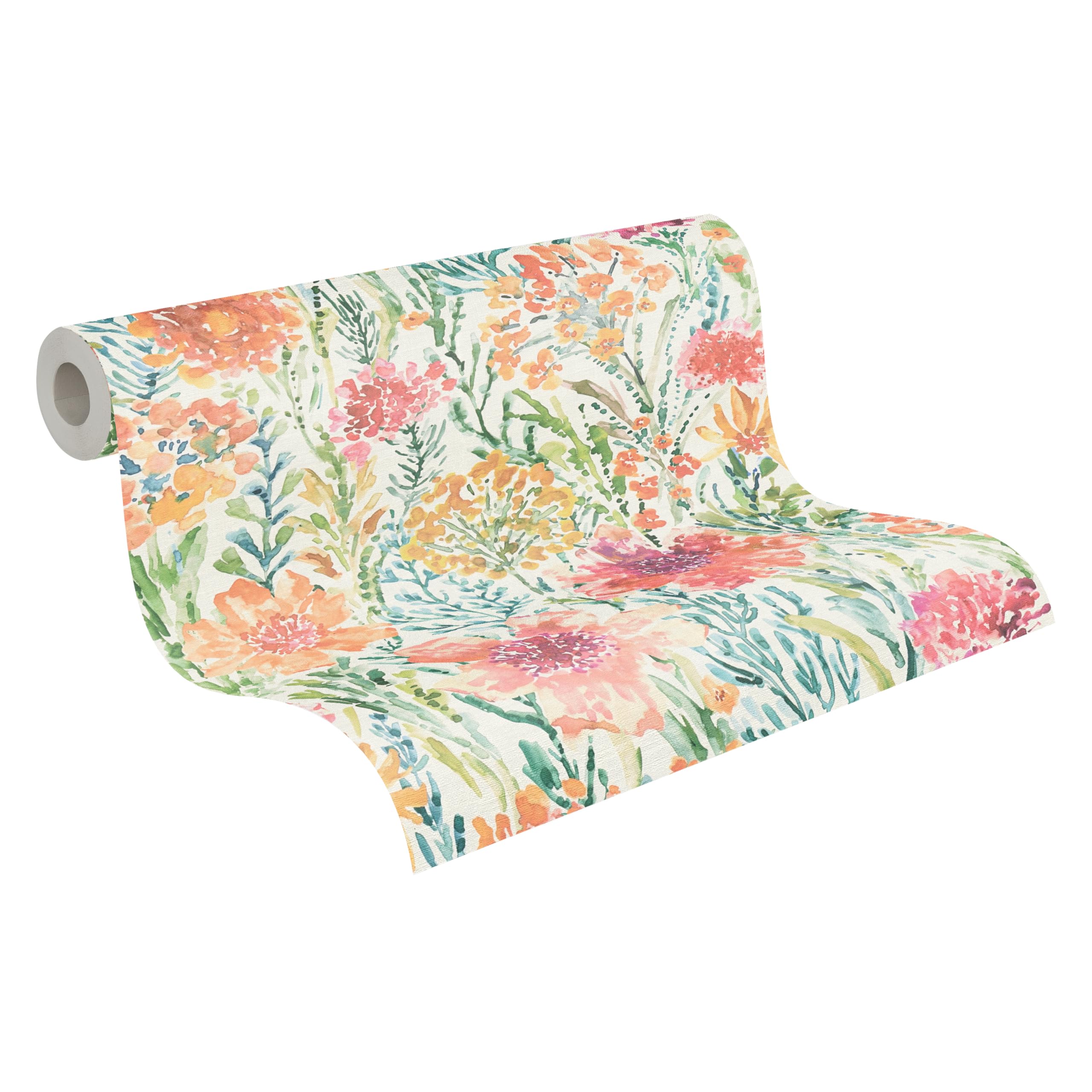 Papier peint fleuri blanc rouge orange vert design 10m x 0,53m