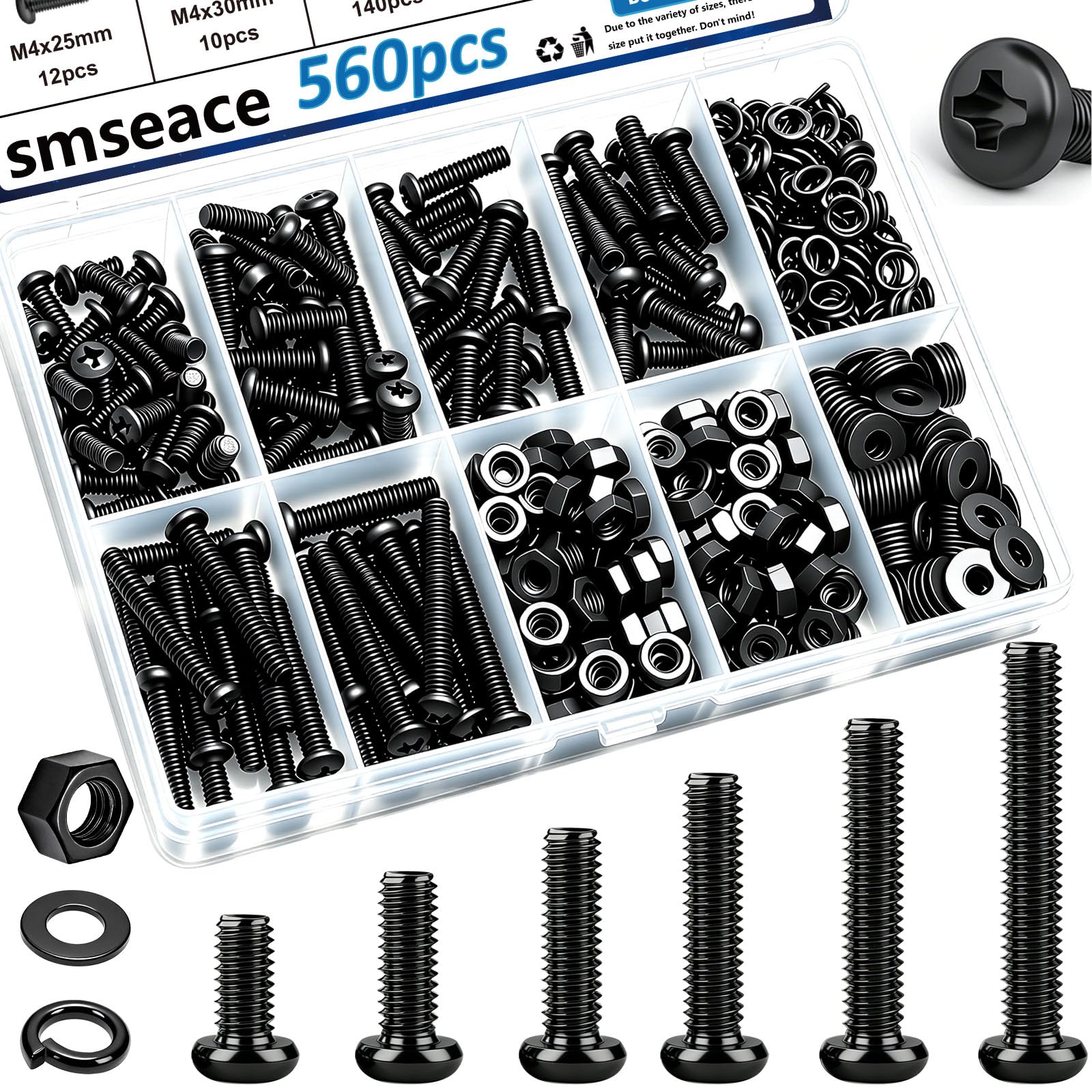 smseace 516Pcs Black Nuts and Bolts Assortment Kit 21-Sizes M3/M4/M5/M6 Nut Bolt Washer Assortment Kit for Machinery, Furniture, Automotive, Motorcycle Repairs — Amazon image 7