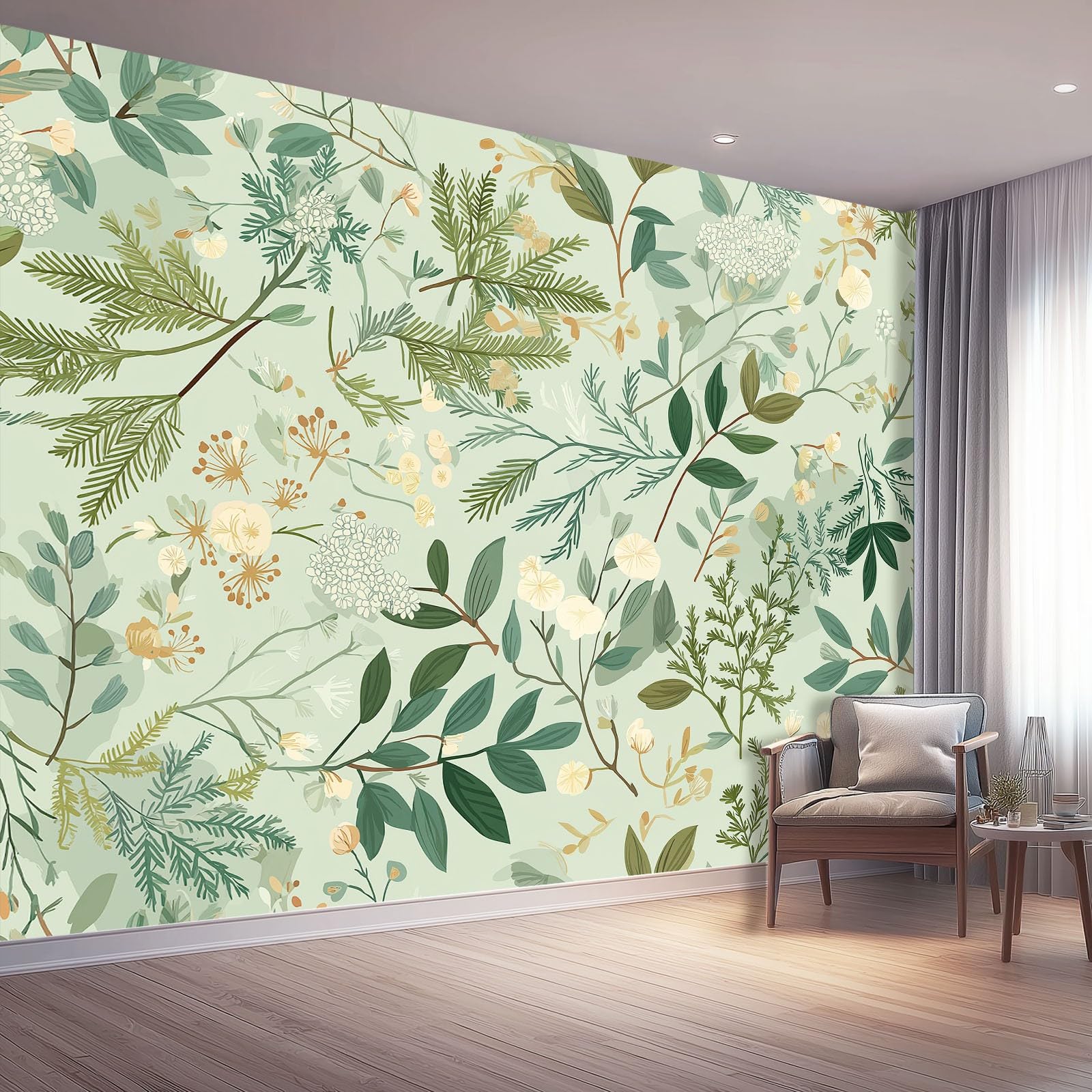 Non-Woven Aesthetic Botanical Illustration Wall Decal Green 200 x 140(WxH),Self-Adhesive Stickers,DIY Solution to Instantly Transform Bare Walls with Ease