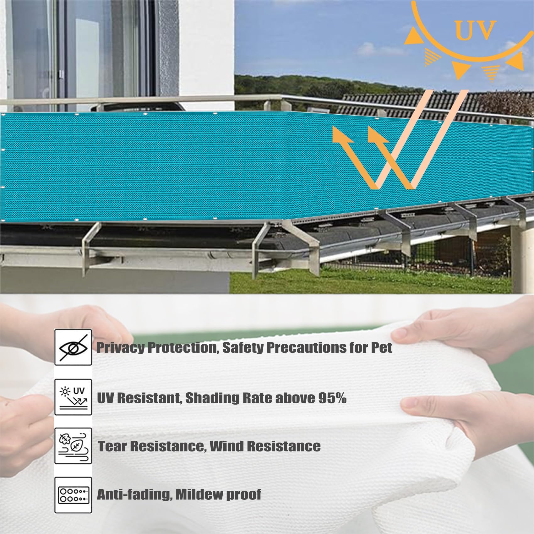 Osłona balkonowa, 160 x 400 cm, HDPE, wodoodporna, lekko przezroczysta, odporna na warunki atmosferyczne, ogrodzenie zewnętrzne z oczkami, niebieska, idealna na patio i balkon