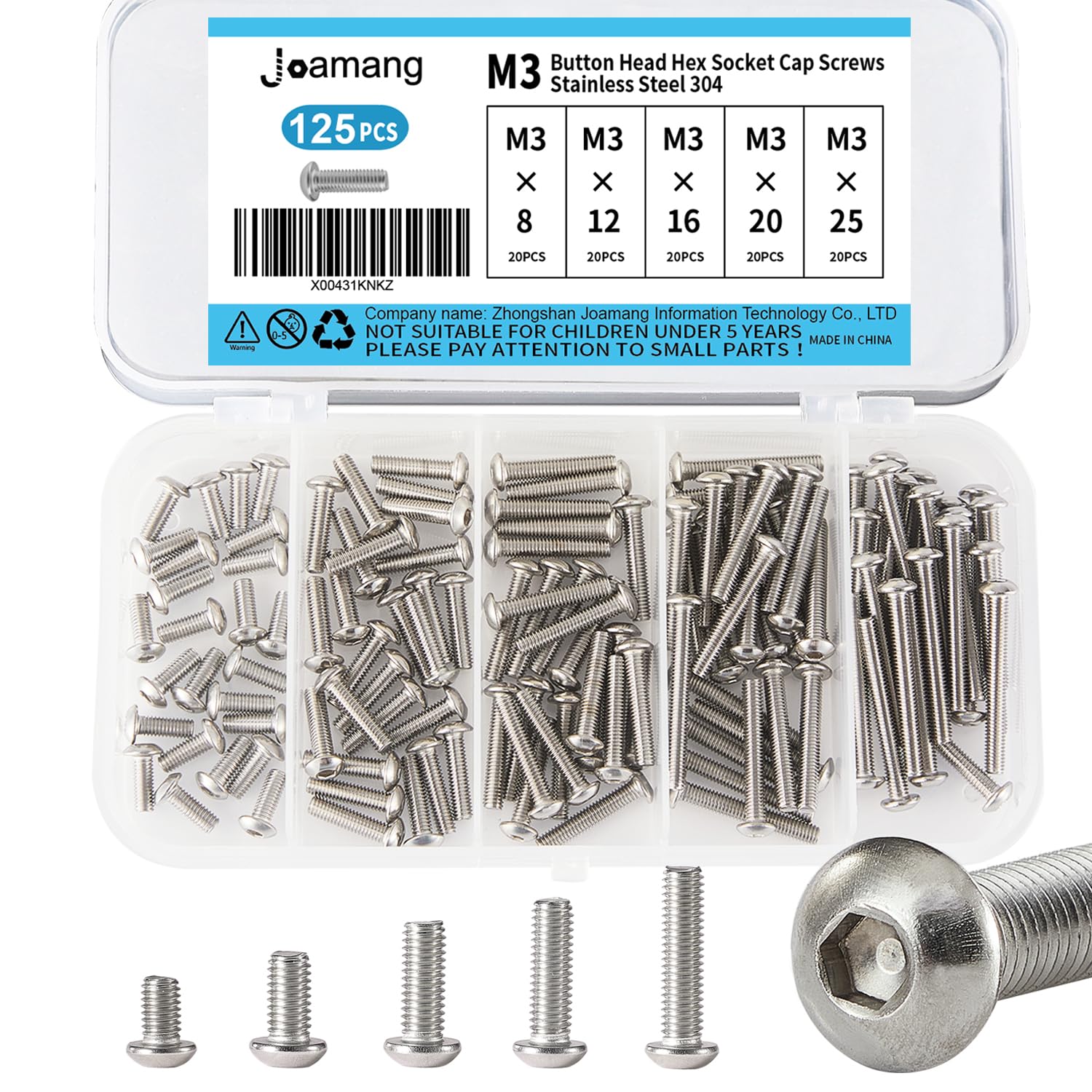 Joamang M3 x 8mm 12mm 16mm 20mm 25mm Button Head Socket Cap Screws Bolts, Stainless Steel 304, Metric Allen Hex Drive, Bright Finish, Fully Threaded,