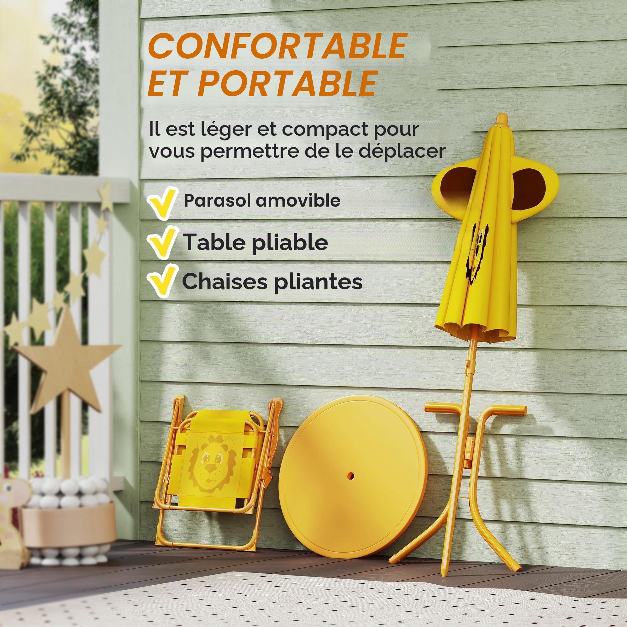 AIYAPLAY Salon de jardin pour enfant avec parasol réglable en hauteur et 2 chaises pliantes - Pour jardin, plage, jaune
