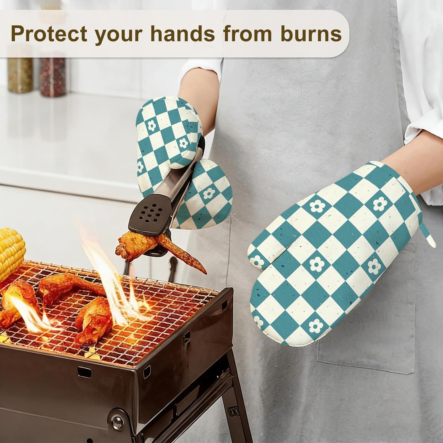 Vintage Groovy Checkered Oven Mitts and Pot Holders Sets of 4, Heat Resistant Flower Silicone Oven Mitts Gloves Non-Slip Kitchen Mittens Potholders for Cooking Baking Grilling BBQ